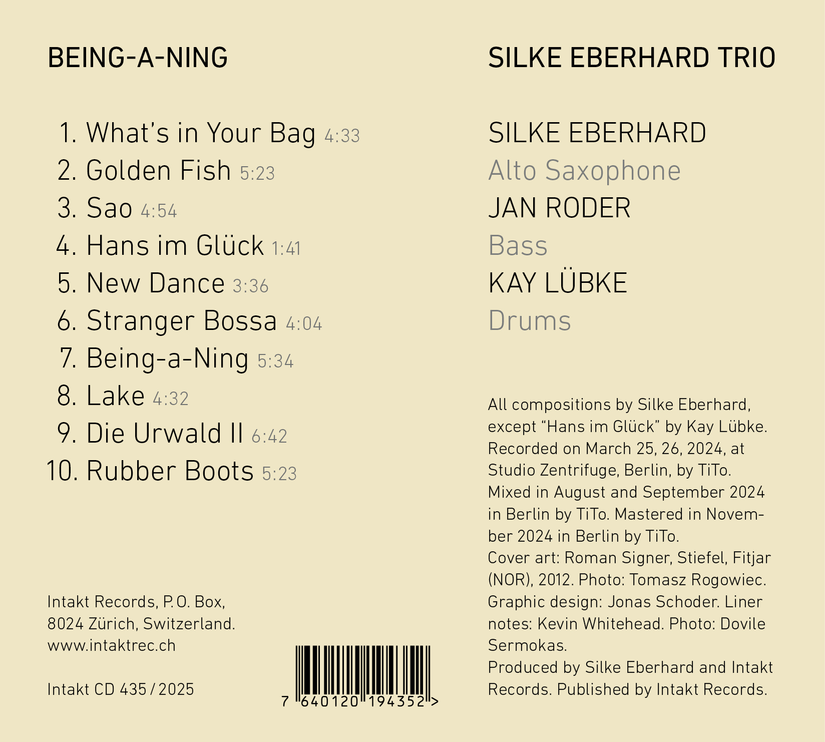SILKE EBERHARD TRIO
with Jan Roder and Kay Lübke
Being-A-Ning back cover