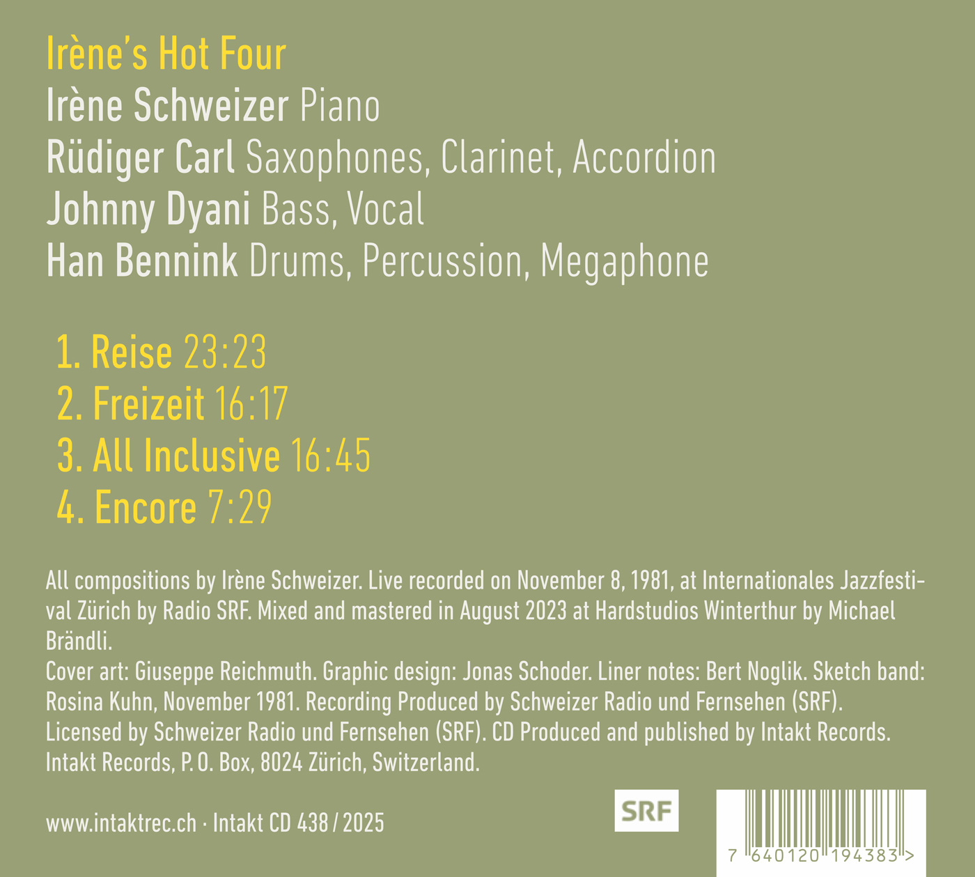 IRÈNE SCHWEIZER – RÜDIGER CARL – JOHNNY DYANI – HAN BENNINK. IRÈNE’S HOT FOUR  back cover