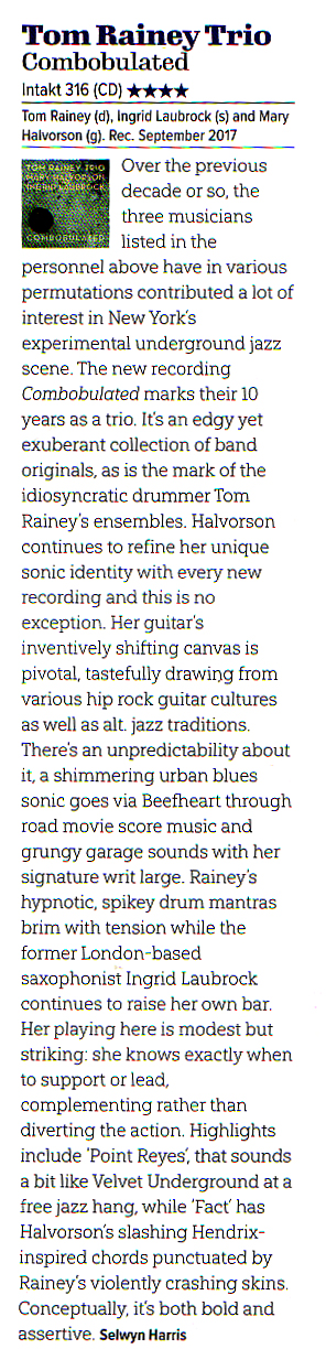 Selwyn Harris, Jazzwise Magazine reviews Combobulated, Tom Rainey Trio
