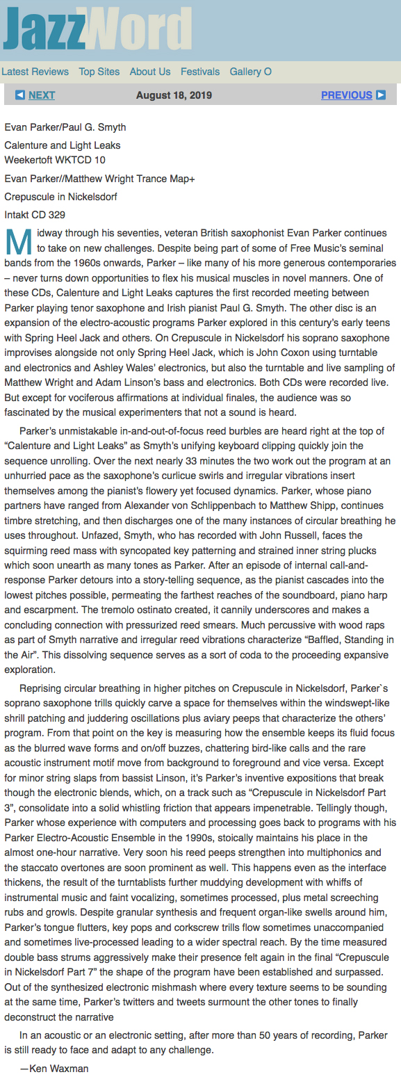 ken waxman reviews evan parker in jazzword