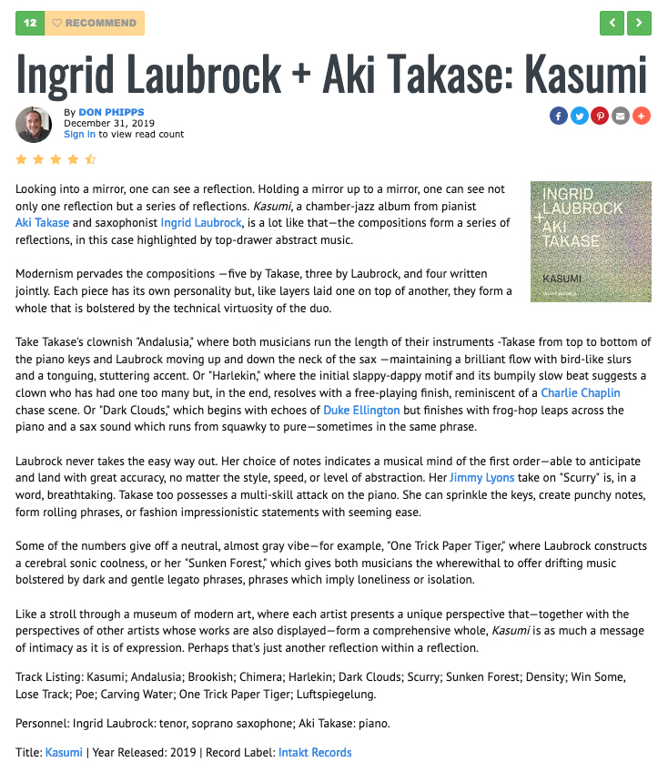 Reviews Ingrid Laubrock Aki Takase Kasumi Intakt Cd 337