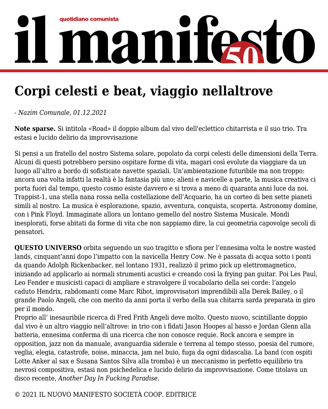 Nazim Comunale, il Manifesto, Dec 1 2021 (IT)