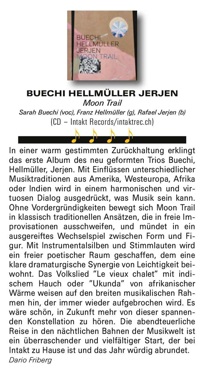 In einer warm gestimmten Zurückhaltung erklingt
							das erste Album des neu geformten Trios Buechi,
							Hellmüller, Jerjen. Mit Einflüssen unterschied licher
							Musiktraditionen aus Amerika, Westeuropa, Afrika
							oder Indien wird in einem harmonischen und virtuosen
							Dialog ausgedrückt, was Musik sein kann.