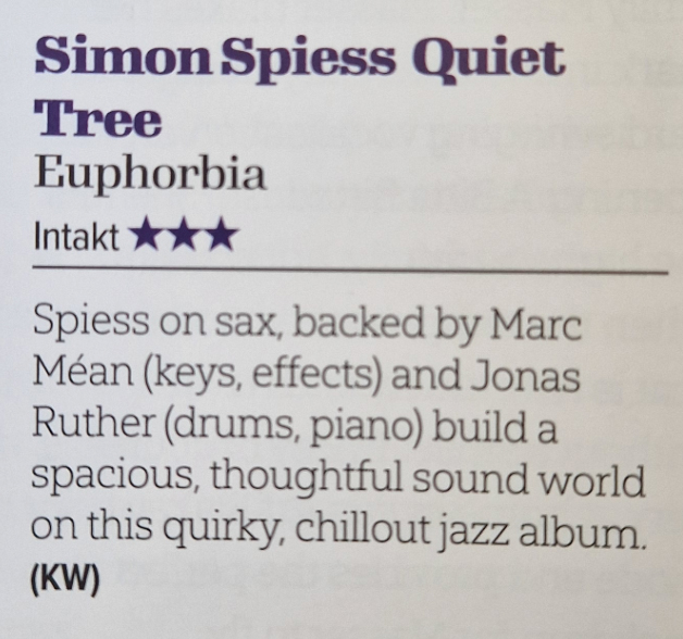 Spiess on sax, backed by Marc Méan (keys, effects) and Jonas Ruther (drums, piano) build a spacious, thoughtful sound world on this quirky, chillout jazz album.