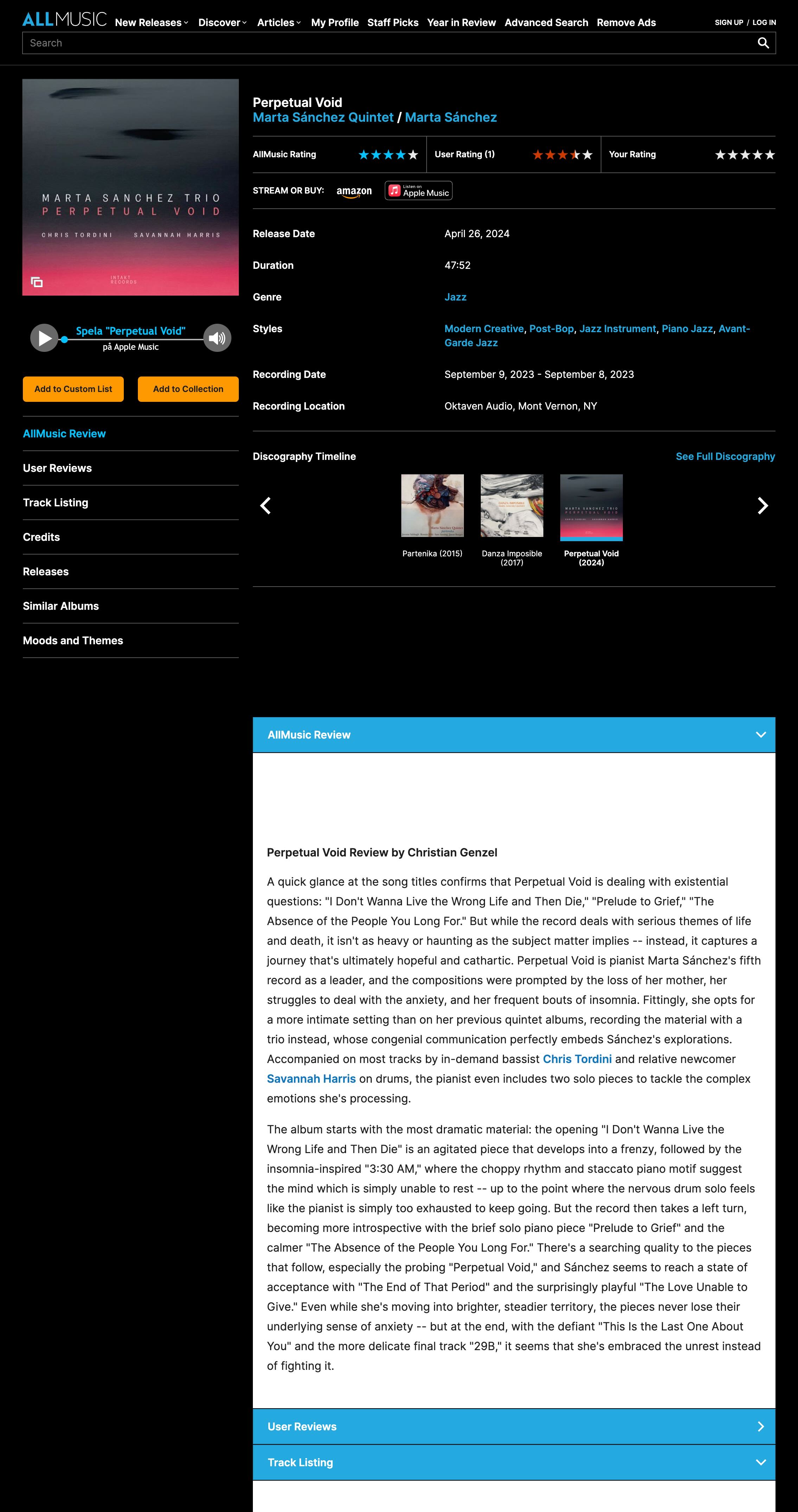 A quick glance at the song titles confirms that Perpetual Void is dealing with existential questions: 'I Don't Wanna Live the Wrong Life and Then Die', 'Prelude to Grief', 'The Absence of the People You Long For.' But while the record deals with serious themes of life and death, it isn't as heavy or haunting as the subject matter implies -- instead, it captures a journey that's ultimately hopeful and cathartic. Perpetual Void is pianist Marta Sánchez's fifth record as a leader, and the compositions were prompted by the loss of her mother, her struggles to deal with the anxiety, and her frequent bouts of insomnia. Fittingly, she opts for a more intimate setting than on her previous quintet albums, recording the material with a trio instead, whose congenial communication perfectly embeds Sánchez's explorations. Accompanied on most tracks by in-demand bassist Chris Tordini and relative newcomer Savannah Harris on drums, the pianist even includes two solo pieces to tackle the complex emotions she's processing.