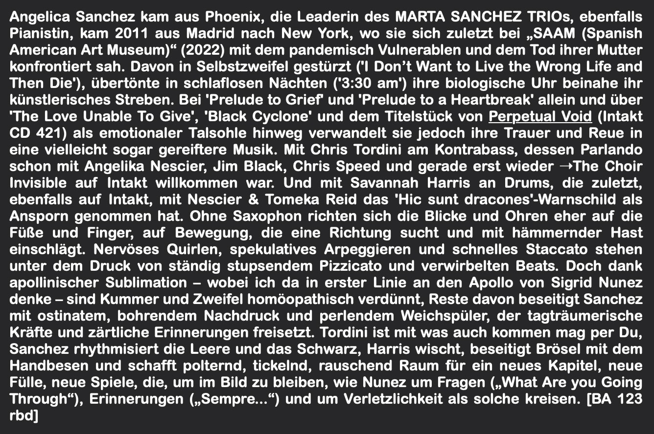 Angelica Sanchez kam aus Phoenix, die Leaderin des MARTA SANCHEZ TRIOs, ebenfalls Pianistin, kam 2011 aus Madrid nach New York, wo sie sich zuletzt bei „SAAM (Spanish American Art Museum)