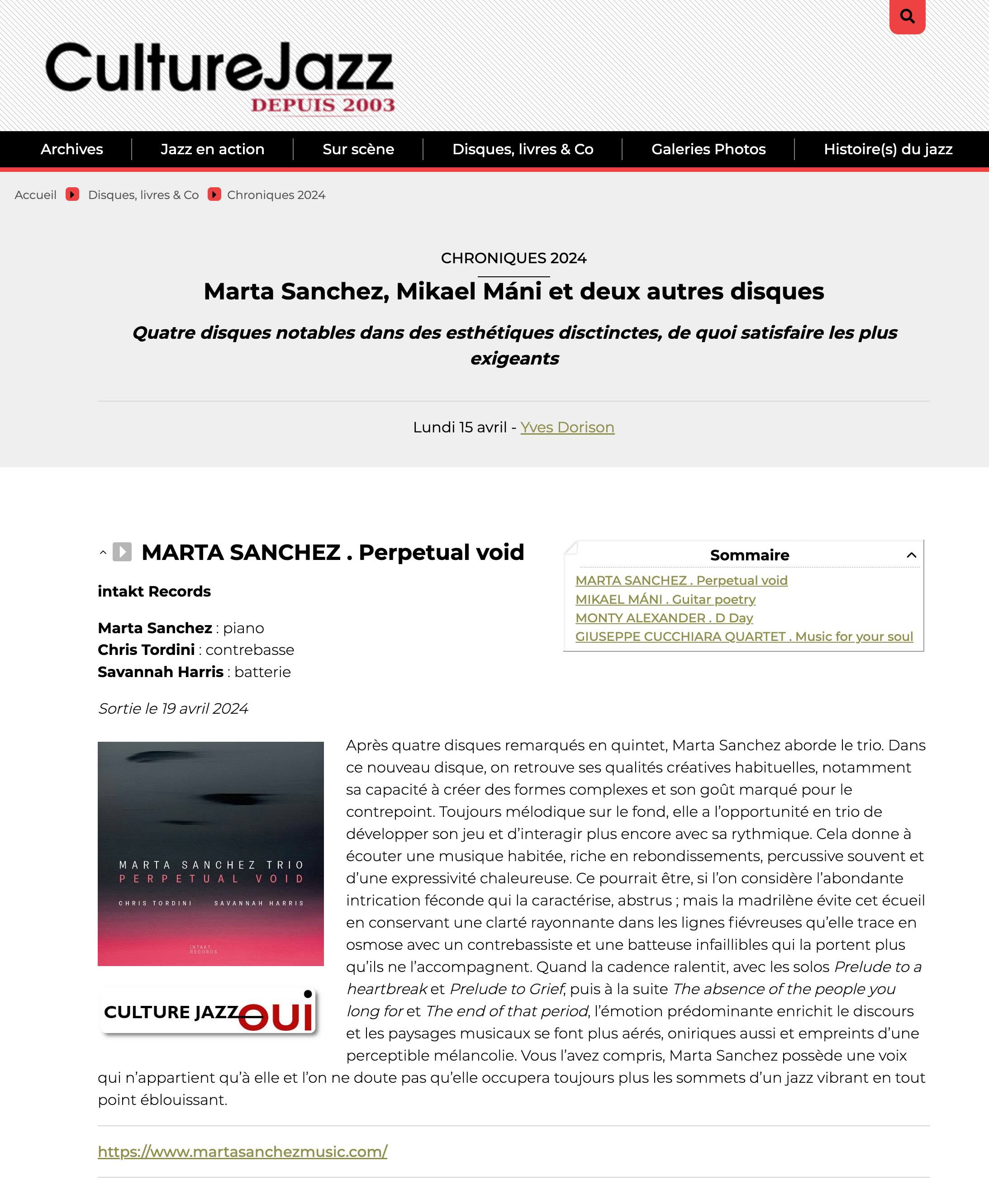 The latest from Marta Sánchez boasts compositions that capture the heart of the storm and melodies that drive a path straight through it. That balance of volatility and melodic incisiveness is nothing new to a Sánchez recording, but there is a sense on Perpetual Void of an all-encompassing nature to this work, where the approach of forging distinct paths has been swapped out in favor of setting an entire environment in place. The pianist’s trio with acoustic bassist Chris Tordini and drummer Savannah Harris sits squarely in modern territory, working cadences that keep the ear guessing and where structure only becomes fully evident in the rear view mirror.