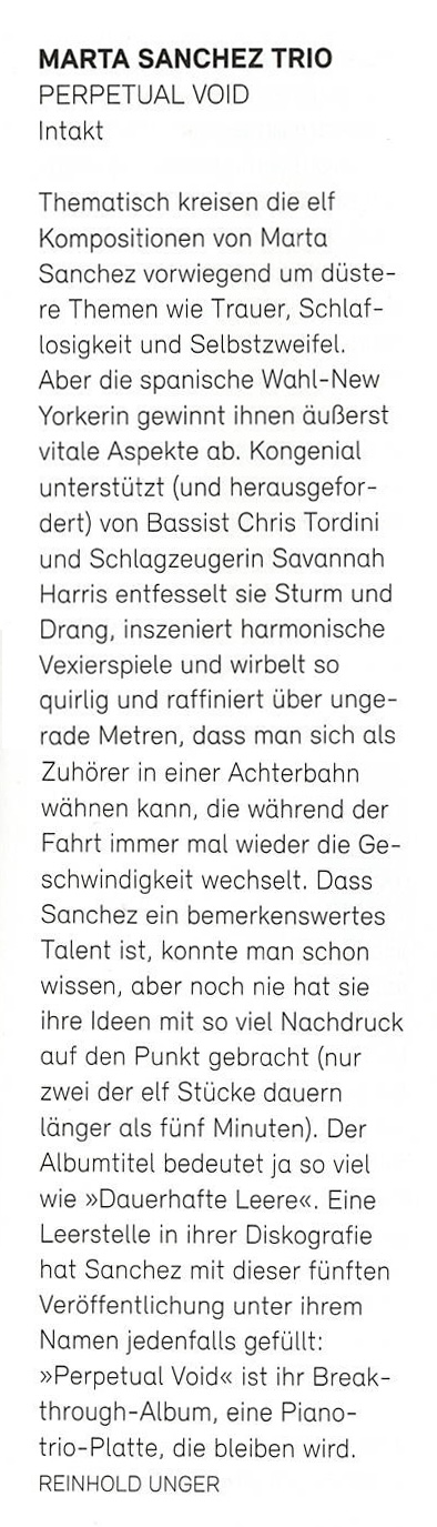 Thematisch kreisen die elf Kompositionen von Marta
						Sanchez vorwiegend um düstere Themen wie Trauer, Schlaflosigkeit und Selbstzweifel.