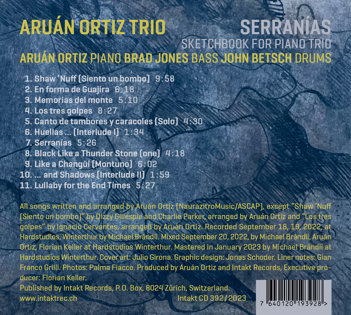 ARUÁN ORTIZ TRIOWITH BRAD JONES & JOHN BETSCHSERRANÍASSKETCHBOOK FOR PIANO TRIO. cover back