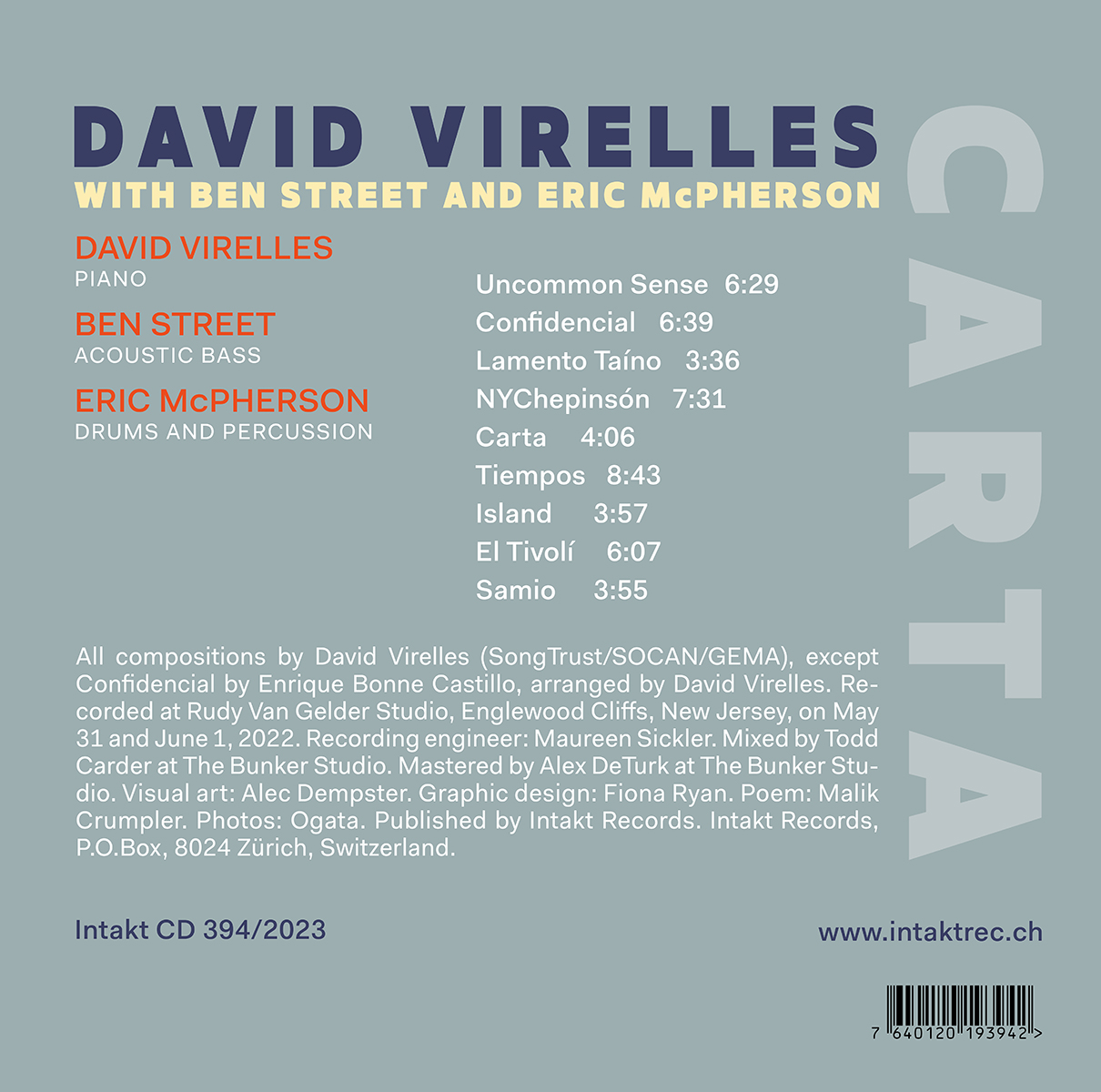 DAVID VIRELLES
WITH BEN STREET AND ERIC McPHERSON
CARTAcover back