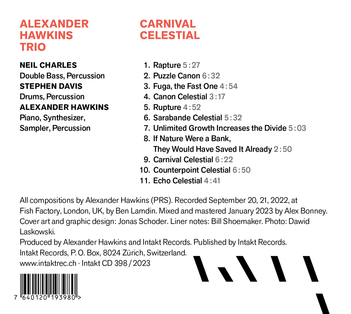 ALEXANDER HAWKINS TRIO WITH NEIL CHARLES AND STEPHEN DAVIS: CARNIVAL CELESTIAL. Intakt CD 398