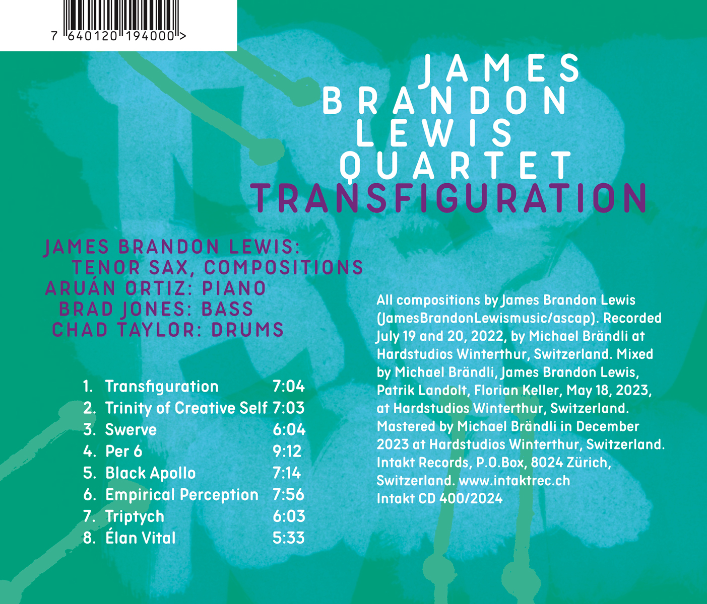 JAMES BRANDON LEWIS QUARTET
TRANSFIGURATION cover back intakt records