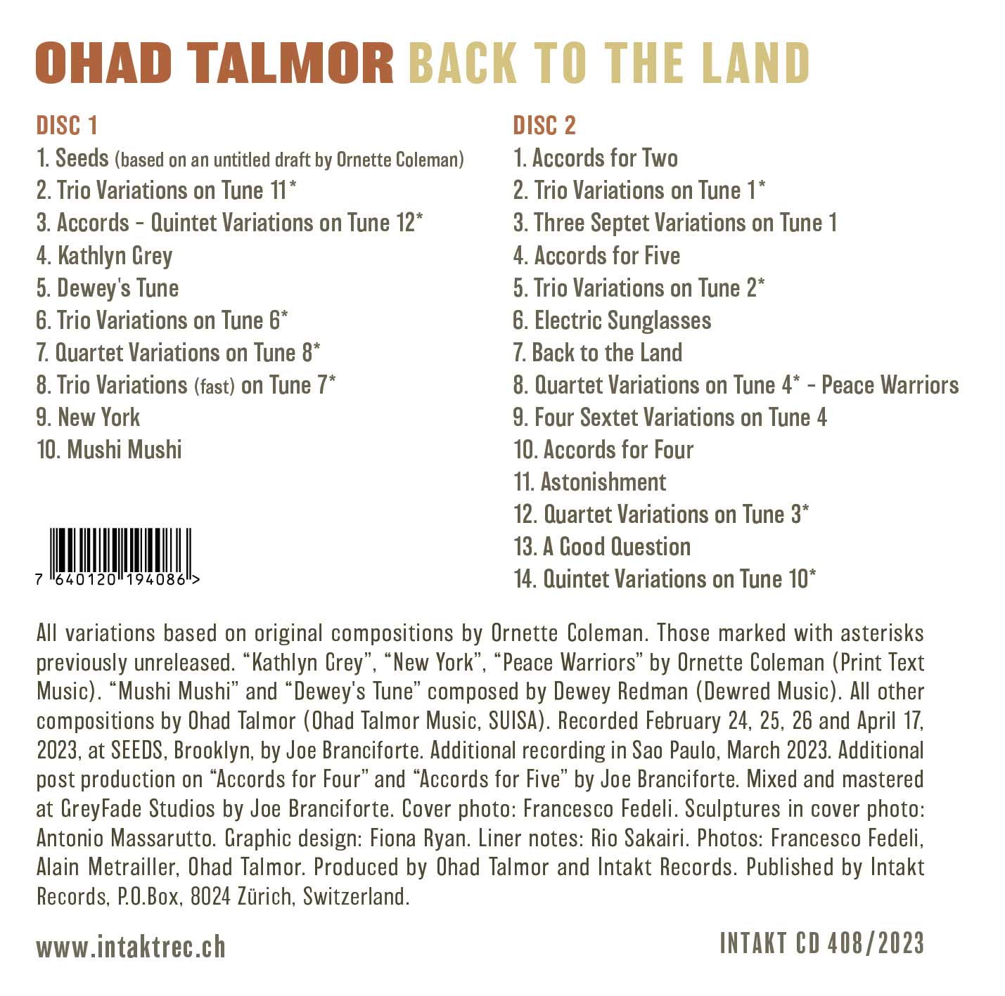 OHAD TALMOR
WITH CHRIS TORDINI AND ERIC McPHERSON + GUESTS
BACK TO THE LAND cover back