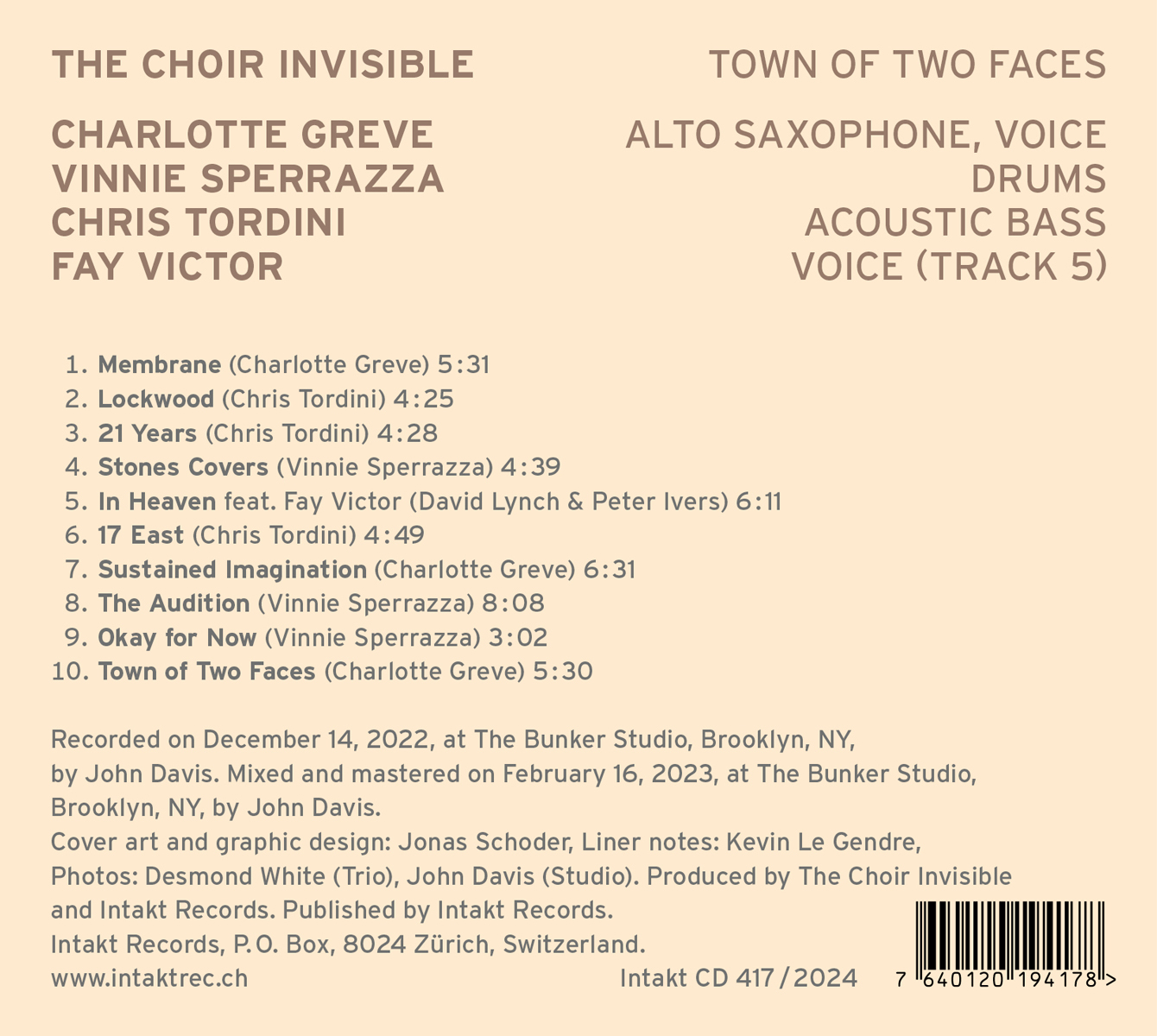 THE CHOIR INVISIBLE. TOWN OF TWO FACES. cover back intakt records