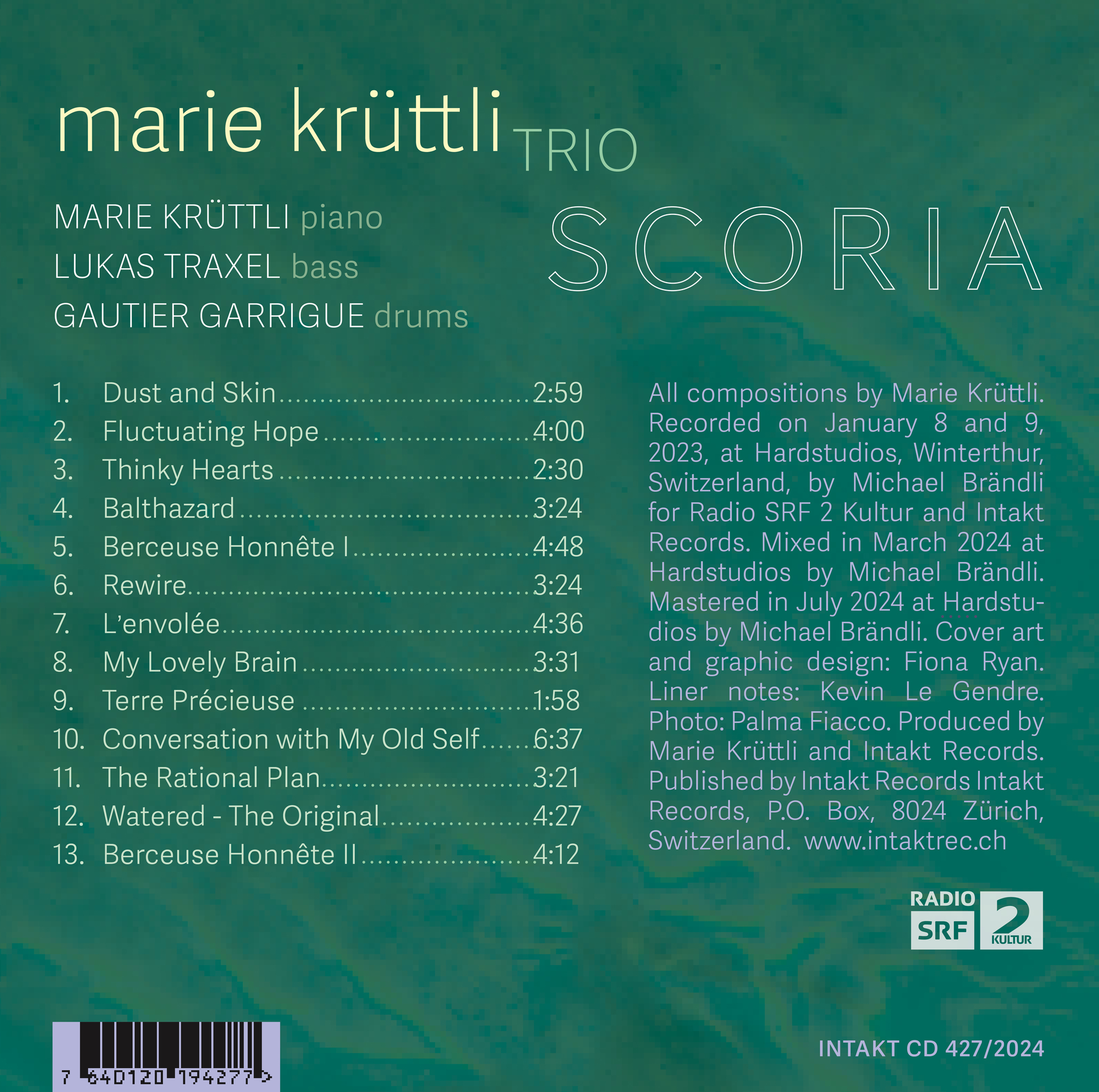MARIE KRÜTTLI TRIO
with Lukas Traxel and Gautier Garrigue
SCORIA back cover