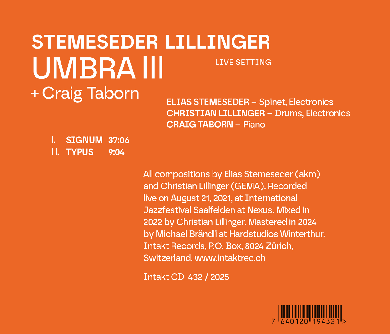 STEMESEDER LILLINGER 
+ Craig Taborn
Umbra III back cover