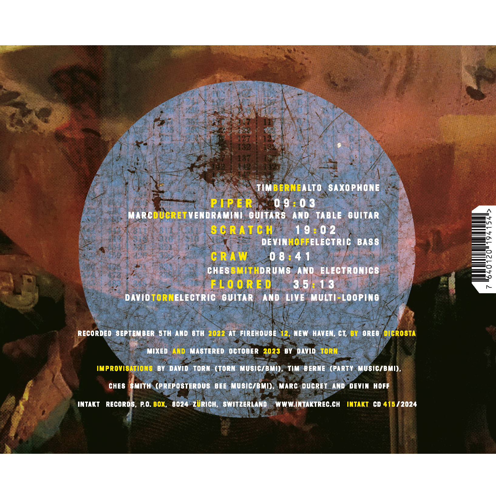 SUNNY FIVE. TIM BERNE – DAVID TORN – CHES SMITH – DEVIN HOFF – MARC DUCRET. CANDID. cover back intakt records