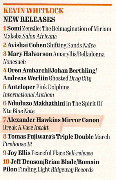 1 Somi Zenzile: 'The Reimagination of Miriam
					Makeba Salon Africana
					2 Avishai Cohen Shifting Sands Naive
					3 Mary Halvorson Amaryllis/Belladonna
					Nonesuch
					4 Oren Ambarchi/Johan Berthling/
					Andreas Werliin Ghosted Drag City
					5 Anteloper Pink Dolphins
					International Anthem
					6 Nduduzo Makhathini In 'The Spirit Of
					Ntu Blue Note
					7 Alexander Hawkins Mirror Canon
					Break A Vase Intakt
					8 Tomas Fujiwara's Triple Double March
					Firehouse 12
					9 Joy Ellis Peaceful Place Self-release
					10 Jeff Denson/Brian Blade/Romain
					Pilon Finding Light Ridgeway Records