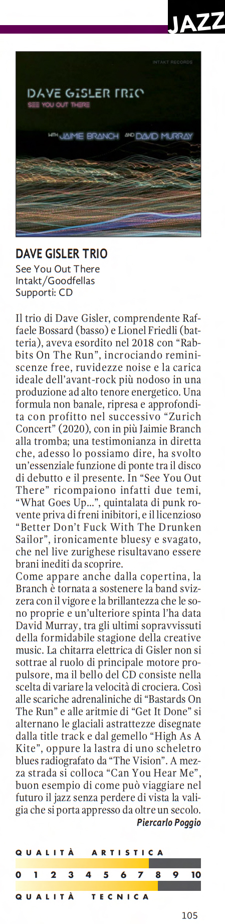 Il trio di Dave Gisler, comprendente Raf-
								faele Bossard (basso) e Lionel Friedli (bat-
								teria). aveva esordito nel 2018 con 'Rab-
								bits On The Run', incrociando remini-
								scenze free, ruvidezze noise e la carica
								ideale dell'avant-rock più nodoso in una
								produzione ad alto tenore energetico.