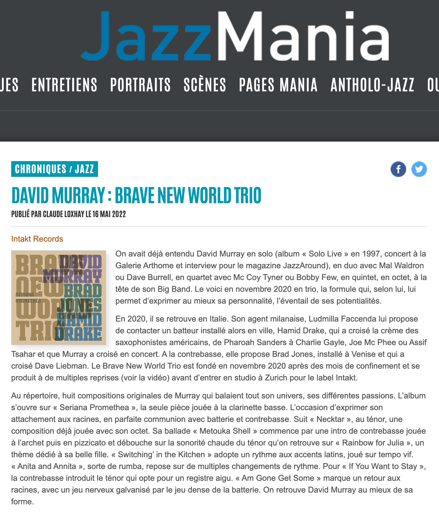 On avait déjà entendu David Murray en solo (album « Solo Live » en 1997, concert à la Galerie Arthome et interview pour le magazine JazzAround), en duo avec Mal Waldron ou Dave Burrell, en quartet avec Mc Coy Tyner ou Bobby Few, en quintet, en octet, à la tête de son Big Band. Le voici en novembre 2020 en trio, la formule qui, selon lui, lui permet d’exprimer au mieux sa personnalité, l’éventail de ses potentialités.