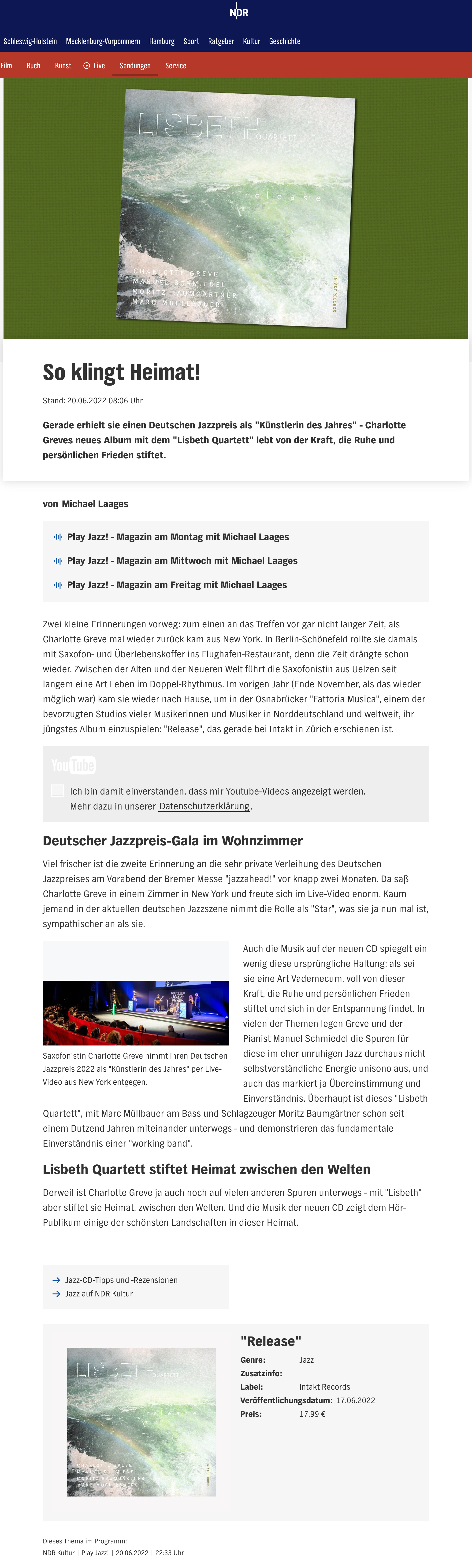 Zwei kleine Erinnerungen vorweg: zum einen an das Treffen vor gar nicht langer Zeit, als Charlotte Greve mal wieder zurück kam aus New York. In Berlin-Schönefeld rollte sie damals mit Saxofon- und Überlebenskoffer ins Flughafen-Restaurant, denn die Zeit drängte schon wieder. Zwischen der Alten und der Neueren Welt führt die Saxofonistin aus Uelzen seit langem eine Art Leben im Doppel-Rhythmus.