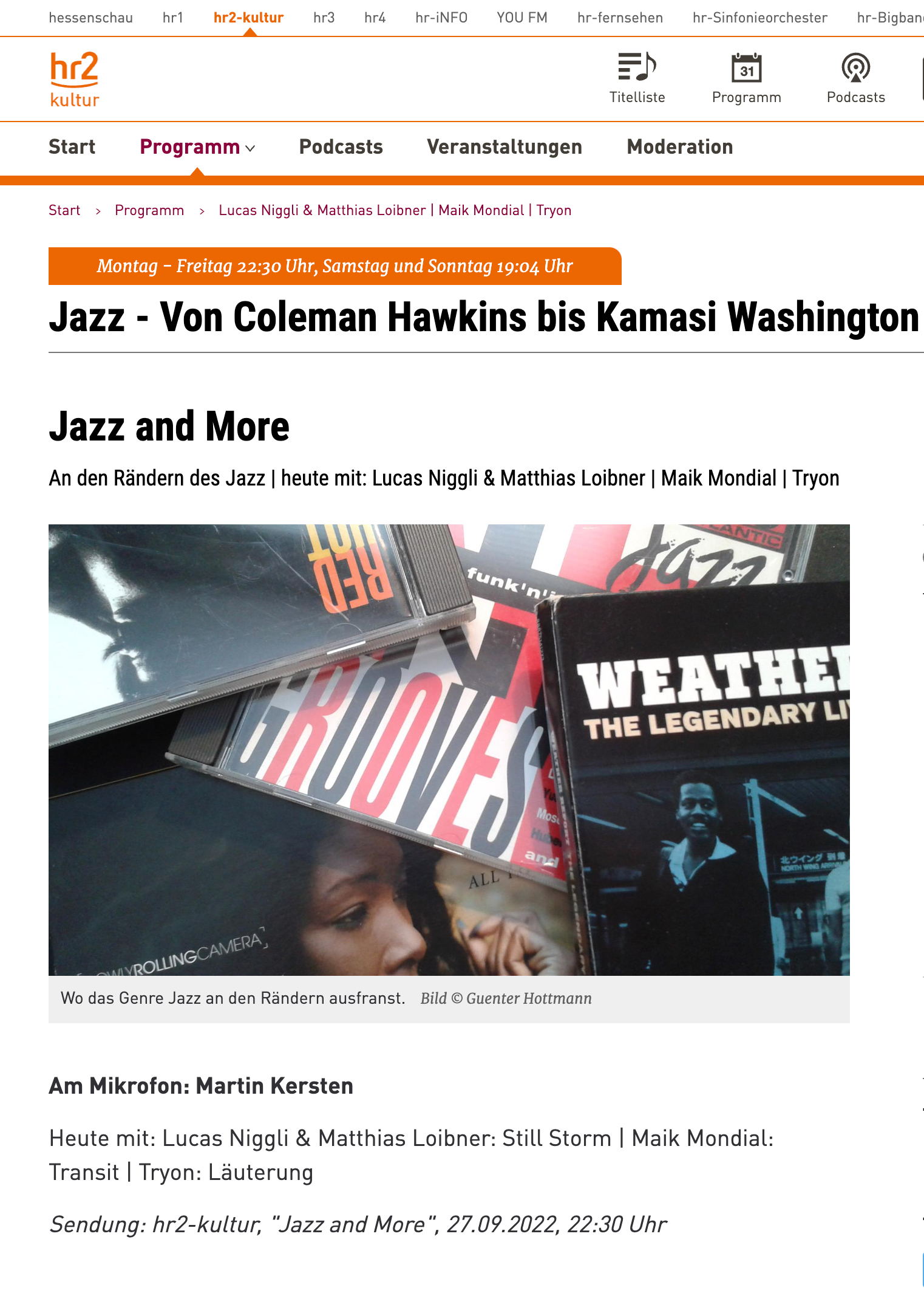 Jazz and More
								An den Rändern des Jazz | heute mit: Lucas Niggli & Matthias Loibner | Maik Mondial | Tryon