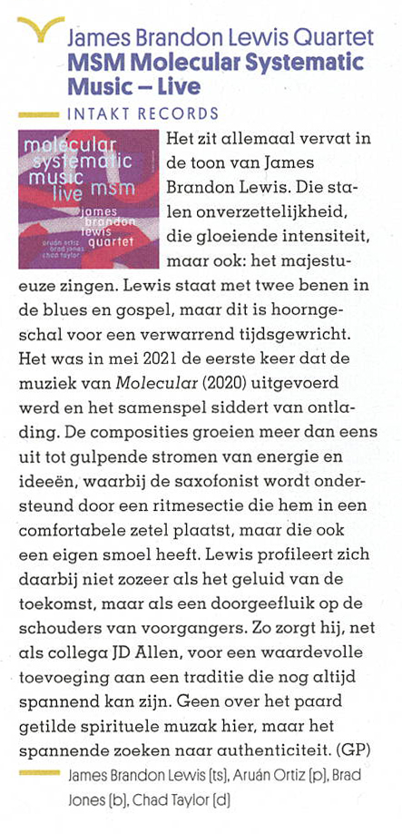 Het zit allemaal vervat in
								de toon van James
								Brandon Lewis. Die sta-
								en onverzettelikheid,
								die gloeiende intensiteit.
								maar ook: het majestu-
								euze zingen. Lewis staat met twee benen in
								de blues en gospel, maar dit is hoornge-
								schal voor een verwarrend tijdsgewricht.