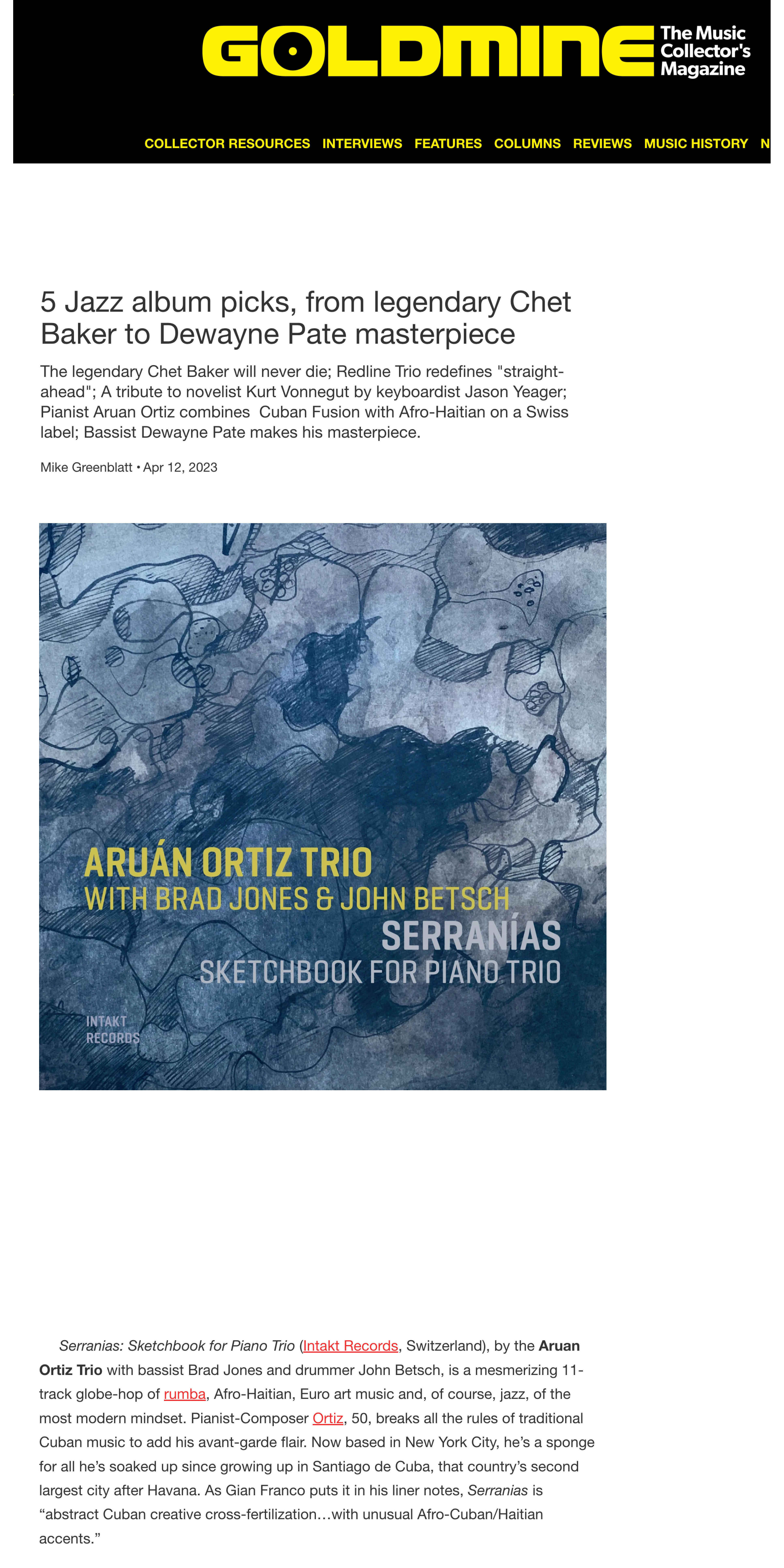 The legendary Chet Baker will never die; Redline Trio redefines 'straight-ahead'; A tribute to novelist Kurt Vonnegut by keyboardist Jason Yeager; Pianist Aruan Ortiz combines  Cuban Fusion with Afro-Haitian on a Swiss label; Bassist Dewayne Pate makes his masterpiece.