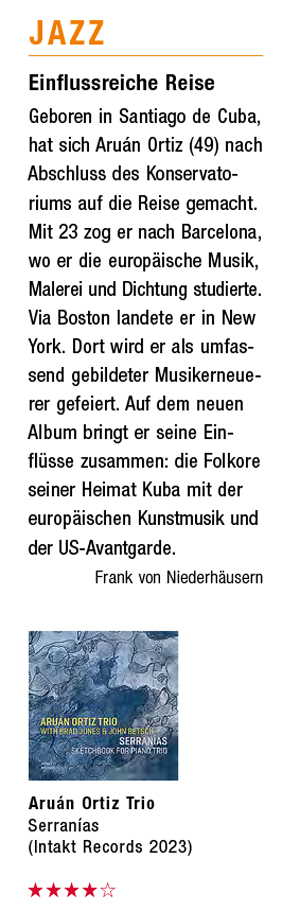 Einflussreiche ReiseGeboren in Santiago de Cuba, hat sich Aruán Ortiz (49) nach Abschluss des Konservatoriums auf die Reise gemacht. Mit 23 zog er nach Barcelona, wo er die europäische Musik, Malerei und Dichtung studierte. Via Boston landete er in New York.