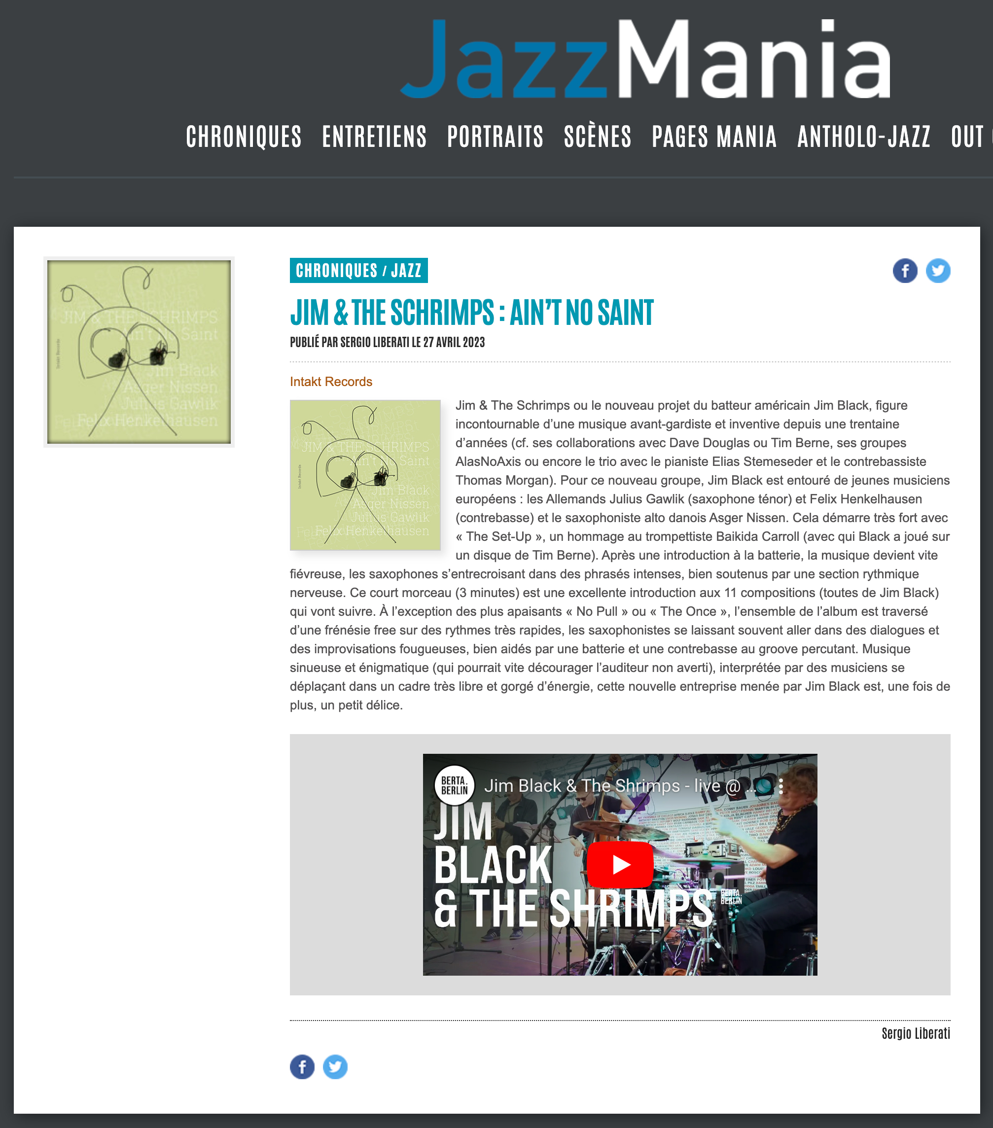Jim & The Schrimps ou le nouveau projet du batteur américain Jim Black, figure incontournable d’une musique avant-gardiste et inventive depuis une trentaine d’années (cf. ses collaborations avec Dave Douglas ou Tim Berne, ses groupes AlasNoAxis ou encore le trio avec le pianiste Elias Stemeseder et le contrebassiste Thomas Morgan).