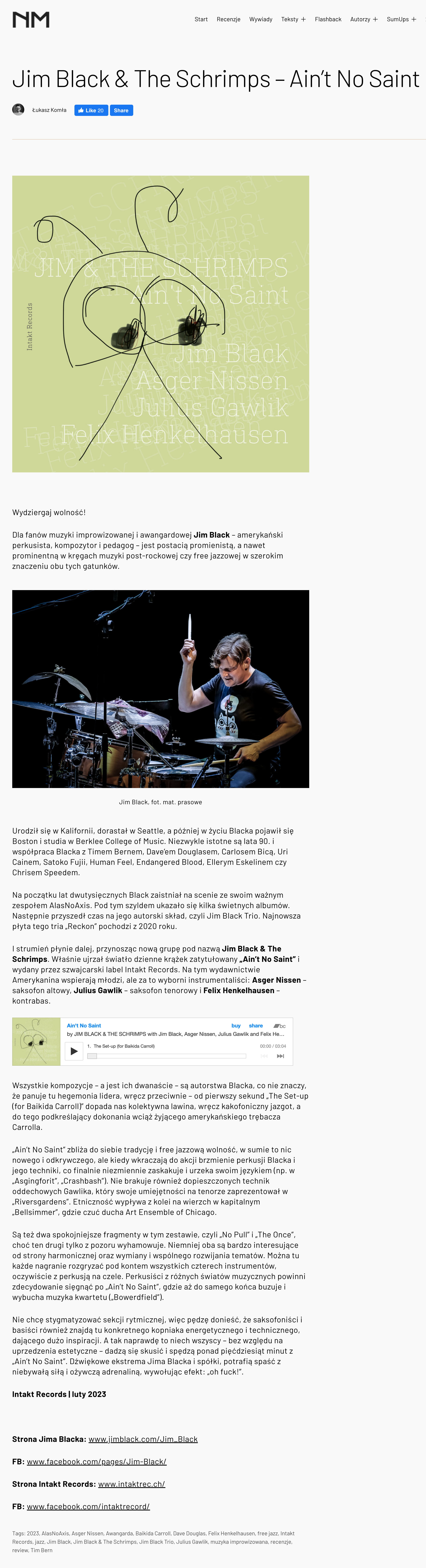 Wydziergaj wolność!

			Dla fanów muzyki improwizowanej i awangardowej Jim Black – amerykański perkusista, kompozytor i pedagog – jest postacią promienistą, a nawet prominentną w kręgach muzyki post-rockowej czy free jazzowej w szerokim znaczeniu obu tych gatunków.