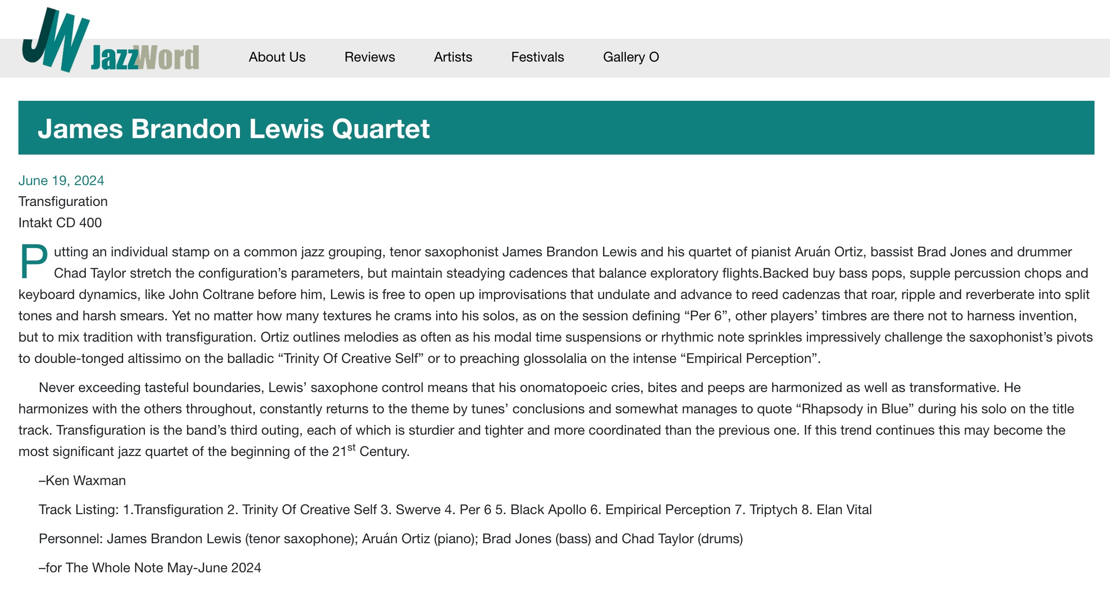 Putting an individual stamp on a common jazz grouping, tenor saxophonist James Brandon Lewis and his quartet of pianist Aruán Ortiz, bassist Brad Jones and drummer Chad Taylor stretch the configuration’s parameters, but maintain steadying cadences that balance exploratory flights.Backed buy bass pops, supple percussion chops and keyboard dynamics, like John Coltrane before him, Lewis is free to open up improvisations that undulate and advance to reed cadenzas that roar, ripple and reverberate into split tones and harsh smears.