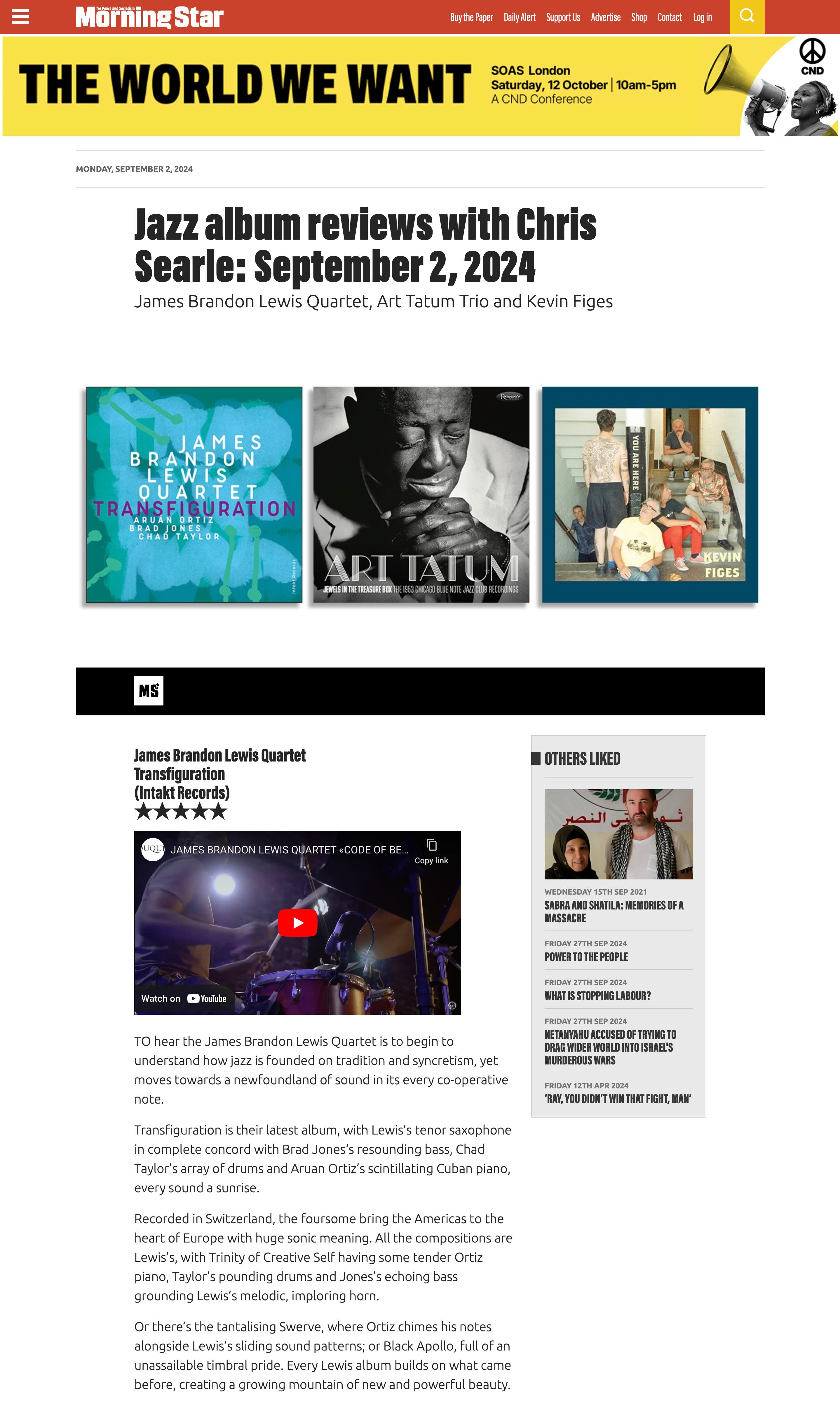 TO hear the James Brandon Lewis Quartet is to begin to understand how jazz is founded on tradition and syncretism, yet moves towards a newfoundland of sound in its every co-operative note.