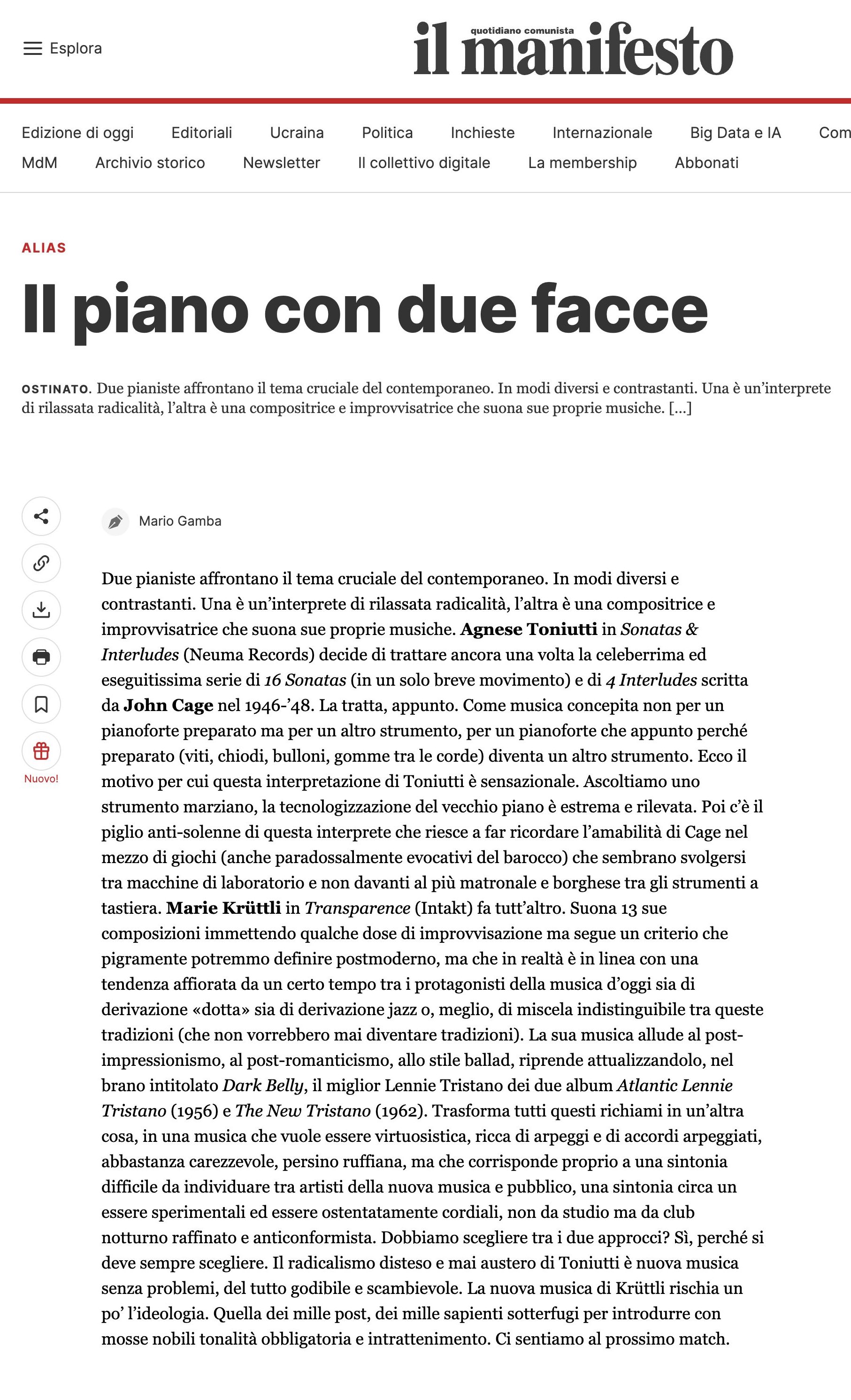 Due pianiste affrontano il tema cruciale del contemporaneo. In modi diversi e contrastanti. Una è un’interprete di rilassata radicalità, l’altra è una compositrice e improvvisatrice che suona sue proprie musiche. Agnese Toniutti in Sonatas & Interludes (Neuma Records) decide di trattare ancora una volta la celeberrima ed eseguitissima serie di 16 Sonatas (in un solo breve movimento) e di 4 Interludes scritta da John Cage nel 1946-’48. La tratta, appunto.