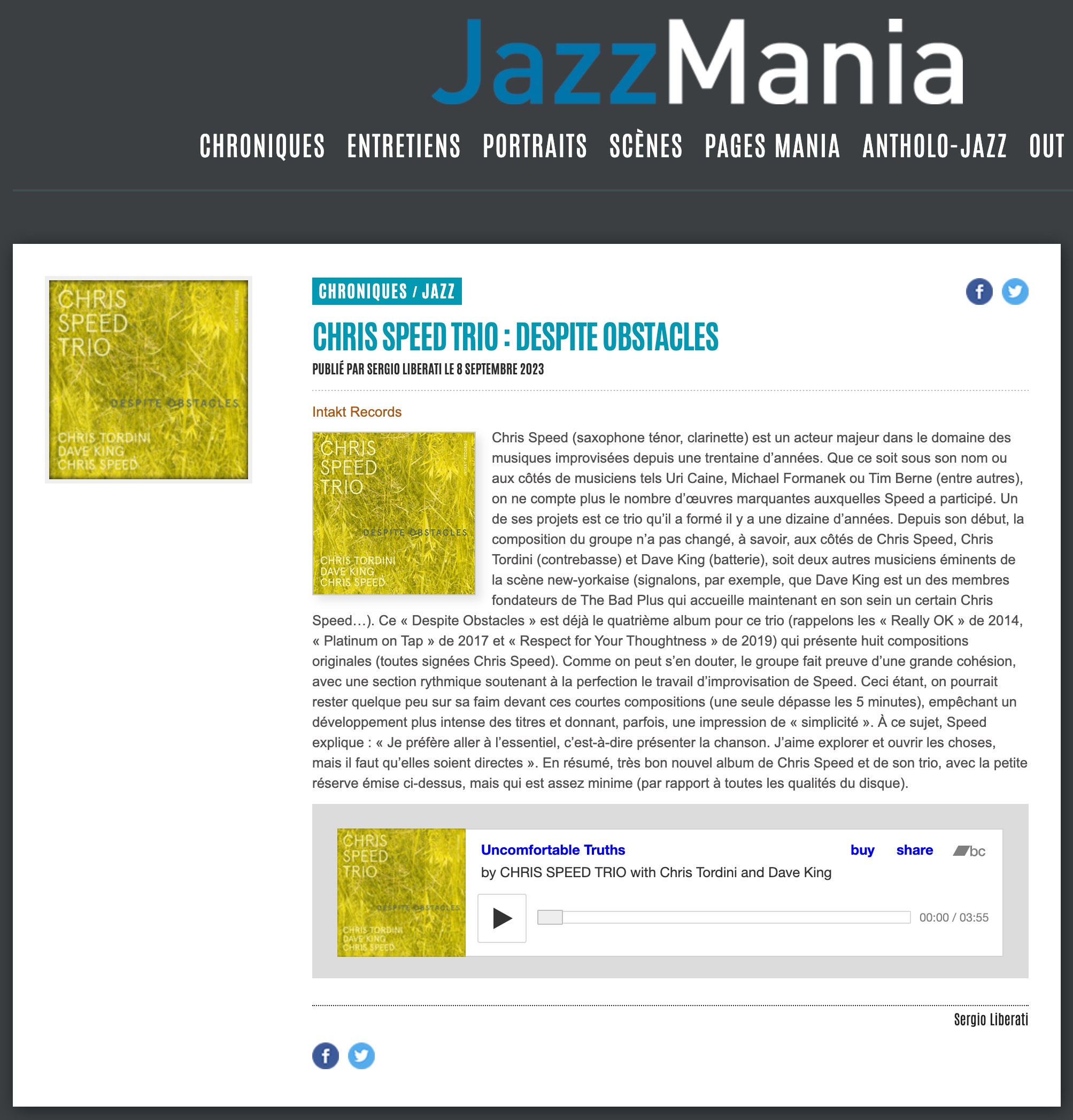 Chris Speed (saxophone ténor, clarinette) est un acteur majeur dans le domaine des musiques improvisées depuis une trentaine d’années. Que ce soit sous son nom ou aux côtés de musiciens tels Uri Caine, Michael Formanek ou Tim Berne (entre autres), on ne compte plus le nombre d’œuvres marquantes auxquelles Speed a participé. Un de ses projets est ce trio qu’il a formé il y a une dizaine d’années.