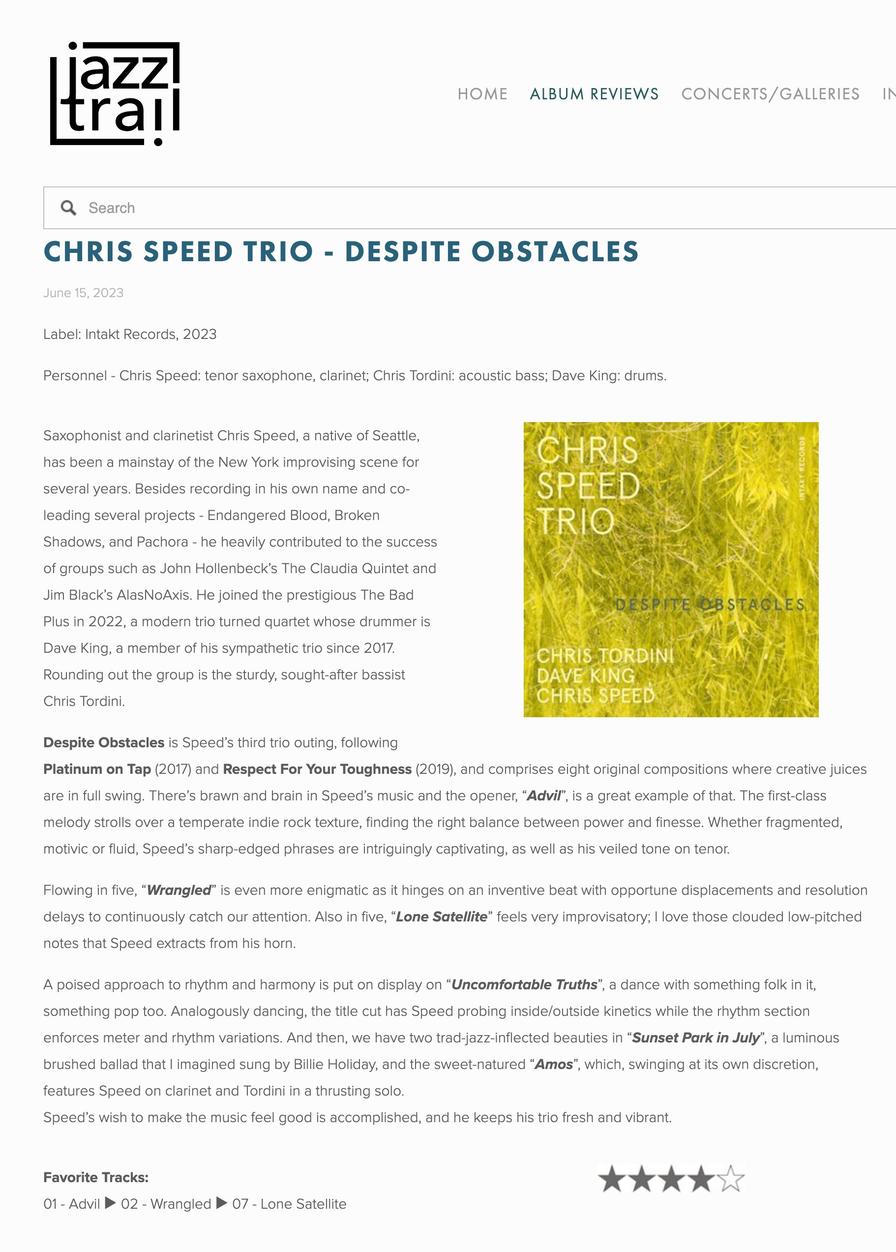 Saxophonist and clarinetist Chris Speed, a native of Seattle, has been a mainstay of the New York improvising scene for several years. Besides recording in his own name and co-leading several projects - Endangered Blood, Broken Shadows, and Pachora - he heavily contributed to the success of groups such as John Hollenbeck’s The Claudia Quintet and Jim Black’s AlasNoAxis. He joined the prestigious The Bad Plus in 2022, a modern trio turned quartet whose drummer is Dave King, a member of his sympathetic trio since 2017. Rounding out the group is the sturdy, sought-after bassist Chris Tordini.