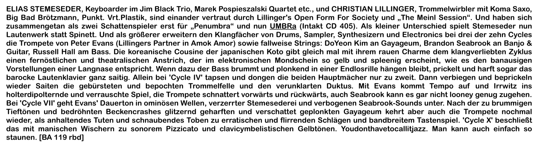 ELIAS STEMESEDER, Keyboarder im Jim Black Trio, Marek Pospieszalski Quartet etc., und CHRISTIAN LILLINGER, Trommelwirbler mit Koma Saxo,
					Big Bad Brötzmann, Punkt. Vrt.Plastik, sind einander vertraut durch Lillinger's Open Form For Society und „The Meinl Session.