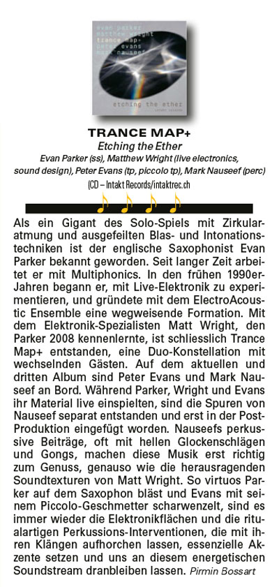 Als ein Gigant des Solo-Spiels mit Zirkular-atmung und ausgefeilten Blas- und Intonations-techniken ist der englische Saxophonist Evan
			Parker bekannt geworden. Seit langer Zeit arbei-tet er mit Multiphonics.