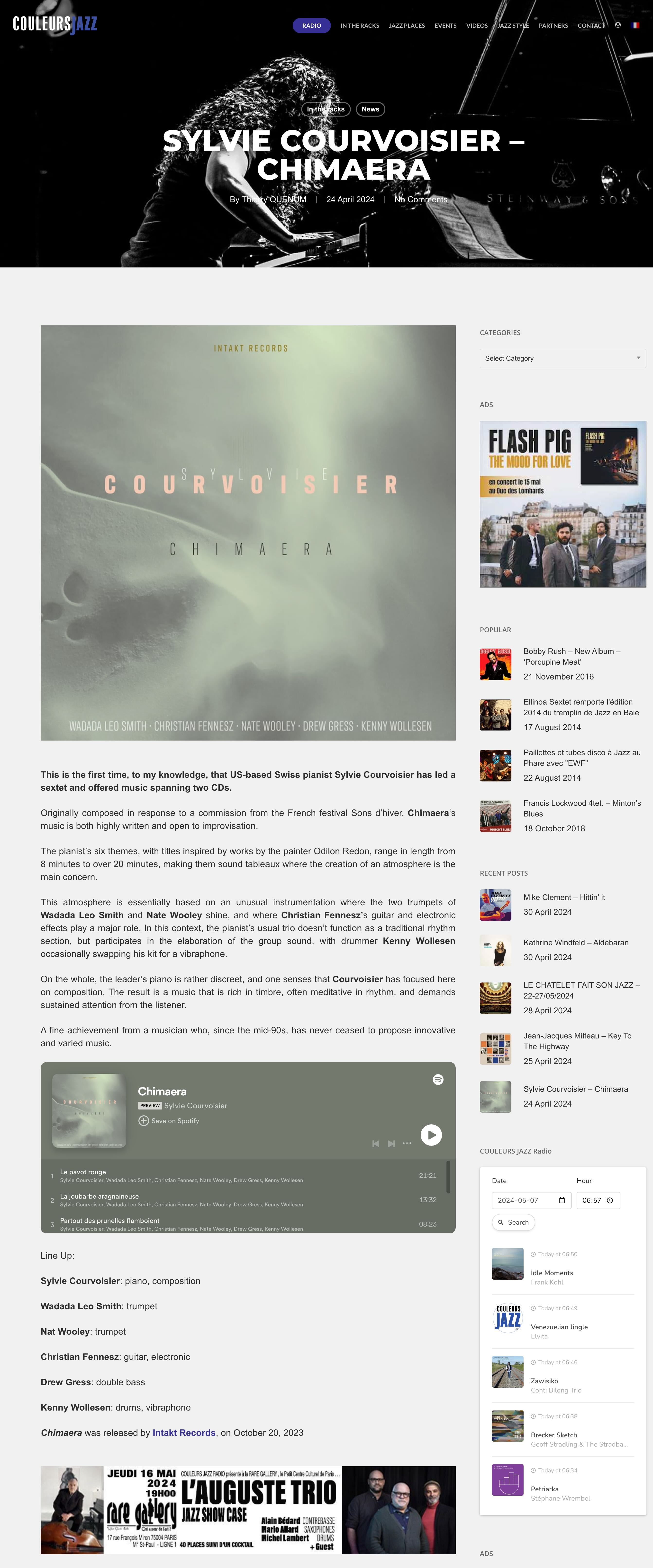 This is the first time, to my knowledge, that US-based Swiss pianist Sylvie Courvoisier has led a sextet and offered music spanning two CDs.

	Originally composed in response to a commission from the French festival Sons d’hiver, Chimaera‘s music is both highly written and open to improvisation.
	
	The pianist’s six themes, with titles inspired by works by the painter Odilon Redon, range in length from 8 minutes to over 20 minutes, making them sound tableaux where the creation of an atmosphere is the main concern.
	
	This atmosphere is essentially based on an unusual instrumentation where the two trumpets of Wadada Leo Smith and Nate Wooley shine, and where Christian Fennesz’s guitar and electronic effects play a major role. In this context, the pianist’s usual trio doesn’t function as a traditional rhythm section, but participates in the elaboration of the group sound, with drummer Kenny Wollesen occasionally swapping his kit for a vibraphone.