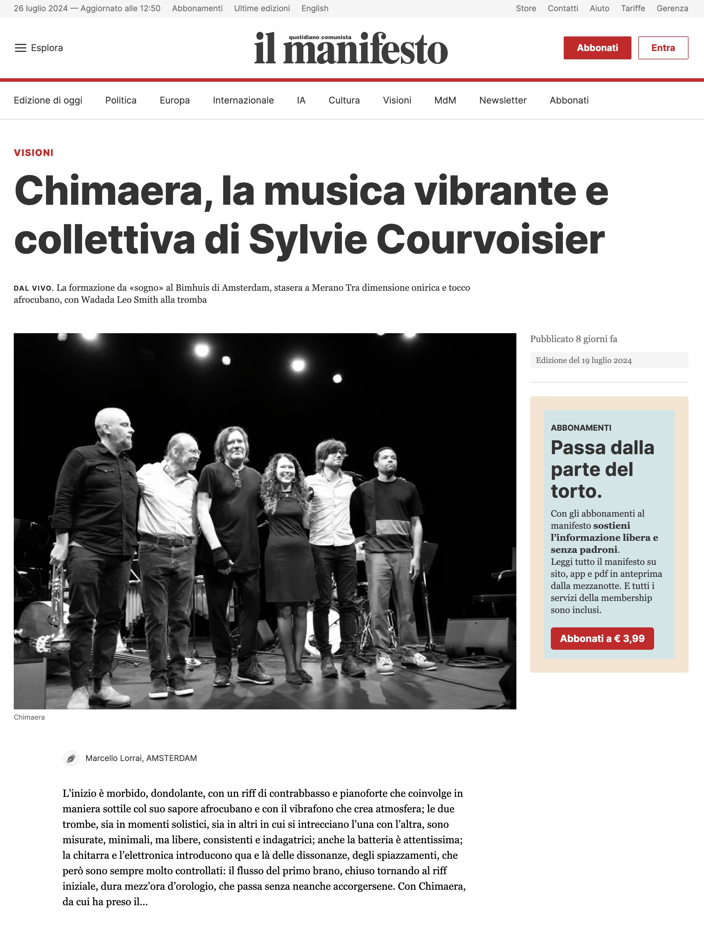 L’inizio è morbido, dondolante, con un riff di contrabbasso e pianoforte che coinvolge in maniera sottile col suo sapore afrocubano e con il vibrafono che crea atmosfera; le due trombe, sia in momenti solistici, sia in altri in cui si intrecciano l’una con l’altra, sono misurate, minimali, ma libere, consistenti e indagatrici; anche la batteria è attentissima; la chitarra e l’elettronica introducono qua e là delle dissonanze, degli spiazzamenti, che però sono sempre molto controllati: il flusso del primo brano, chiuso tornando al riff iniziale, dura mezz’ora d’orologio, che passa senza neanche accorgersene. Con Chimaera, da cui ha preso il titolo uno dei migliori album di jazz del 2023 (Cd doppio pubblicato nell’ottobre scorso dalla elvetica Intakt), l’idea di Sylvie Courvoisier è quella di fermarsi più a lungo di quel che le è consueto su delle idee musicali, in brani piuttosto lunghi, in cui – dice la pianista – c’è uno sviluppo che è come quello di un sogno: il progetto – originato da una commissione dell’edizione 2021 del festival parigino Sons d’hiver – è ispirato a Odilon Redon, pittore francese che si distinse per la sua inclinazione simbolista e il suo interesse per la dimensione appunto del sogno.
