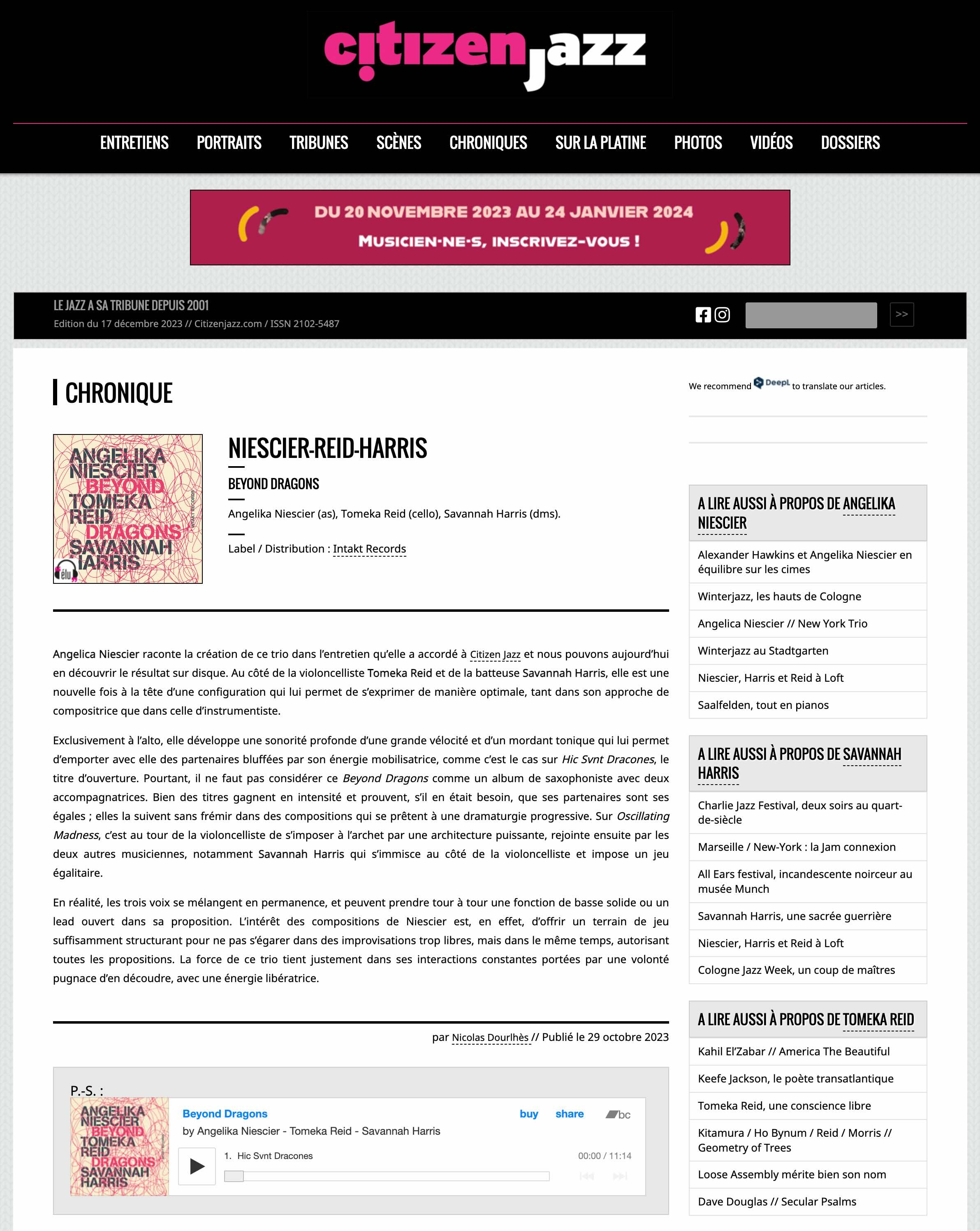 Angelica Niescier raconte la création de ce trio dans l’entretien qu’elle a accordé à Citizen Jazz et nous pouvons aujourd’hui en découvrir le résultat sur disque. Au côté de la violoncelliste Tomeka Reid et de la batteuse Savannah Harris, elle est une nouvelle fois à la tête d’une configuration qui lui permet de s’exprimer de manière optimale, tant dans son approche de compositrice que dans celle d’instrumentiste.