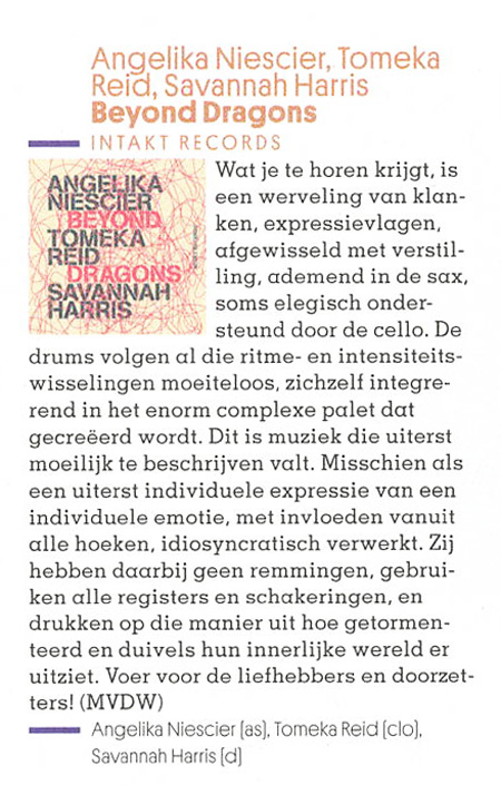 Wat je te horen krijgt, is
							een werveling van klan-ken, expressievlagen, afgewisseld met verstil-ling, ademend in de sax, soms elegisch onder-steund door de cello.