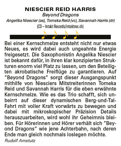 Bei einer Kernschmelze entsteht nicht nur etwas Neues, es wird dabei auch ungeahnte Energie freigesetzt. Die Saxophonistin Angelika Niescier ist bekannt dafür, in ihren klar konzipierten Strukturen enorm viel Platz zu lassen, um den Beteiligten akrobatische Freiflüge zu garantieren. Auf
							'Beyond Dragons' sorgt dieser Ausgangspunkt mithilfe von Niesciers Mitstreiterinnen Tomeka Reid und Savannah Harris für die eben erwähnte Kernschmelze. Wie es das Trio schafft, sich unbeirrt auf dieser dynamischen Berg-und-Tal-Fahrt mit voller Kraft vorwärts zu bewegen und dabei mit mikroskopischer Präzision Details herauszuarbeiten, wird wohl ihr Geheimnis blei-ben. Für Hörerinnen und Hörer verhält sich Bey-ond Dragons wie jene Achterbahn, nach deren Ende man gleich nochmals loslegen möchte.