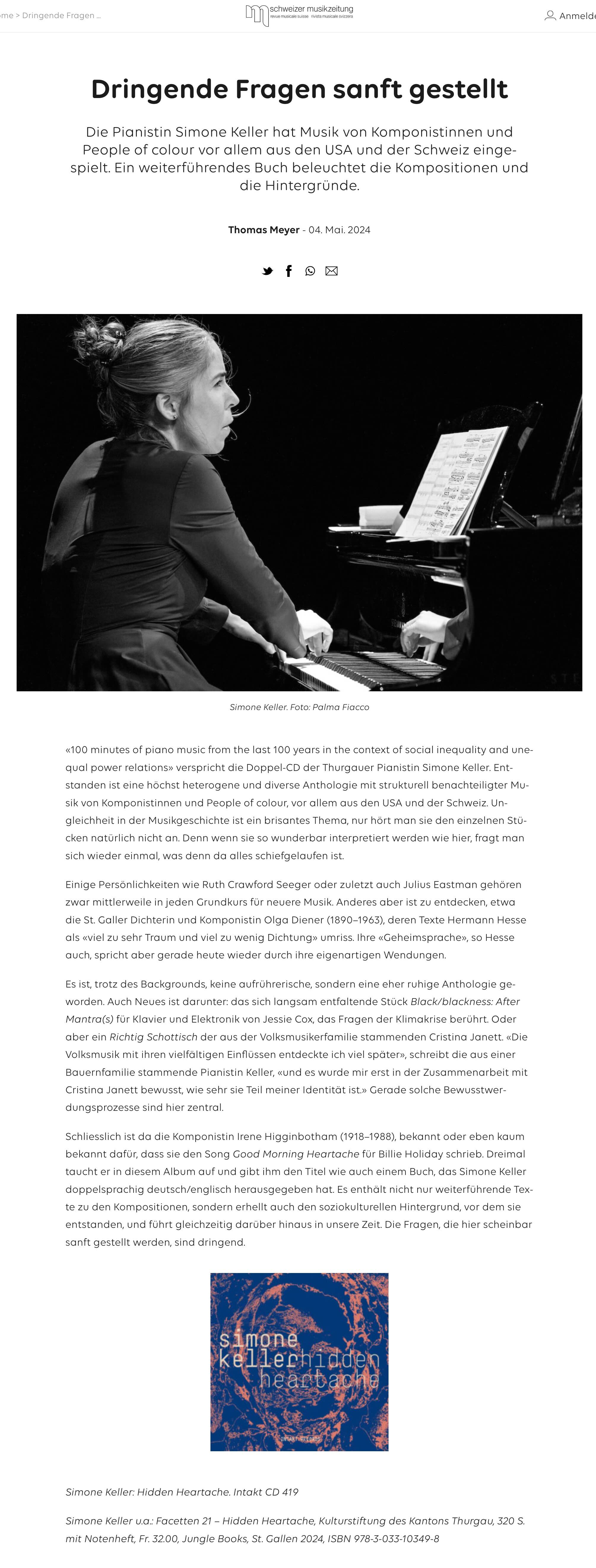 «100 minutes of piano music from the last 100 years in the context of social inequality and unequal power relations» verspricht die Doppel-CD der Thurgauer Pianistin Simone Keller. Entstanden ist eine höchst heterogene und diverse Anthologie mit strukturell benachteiligter Musik von Komponistinnen und People of colour, vor allem aus den USA und der Schweiz. Ungleichheit in der Musikgeschichte ist ein brisantes Thema, nur hört man sie den einzelnen Stücken natürlich nicht an. Denn wenn sie so wunderbar interpretiert werden wie hier, fragt man sich wieder einmal, was denn da alles schiefgelaufen ist.