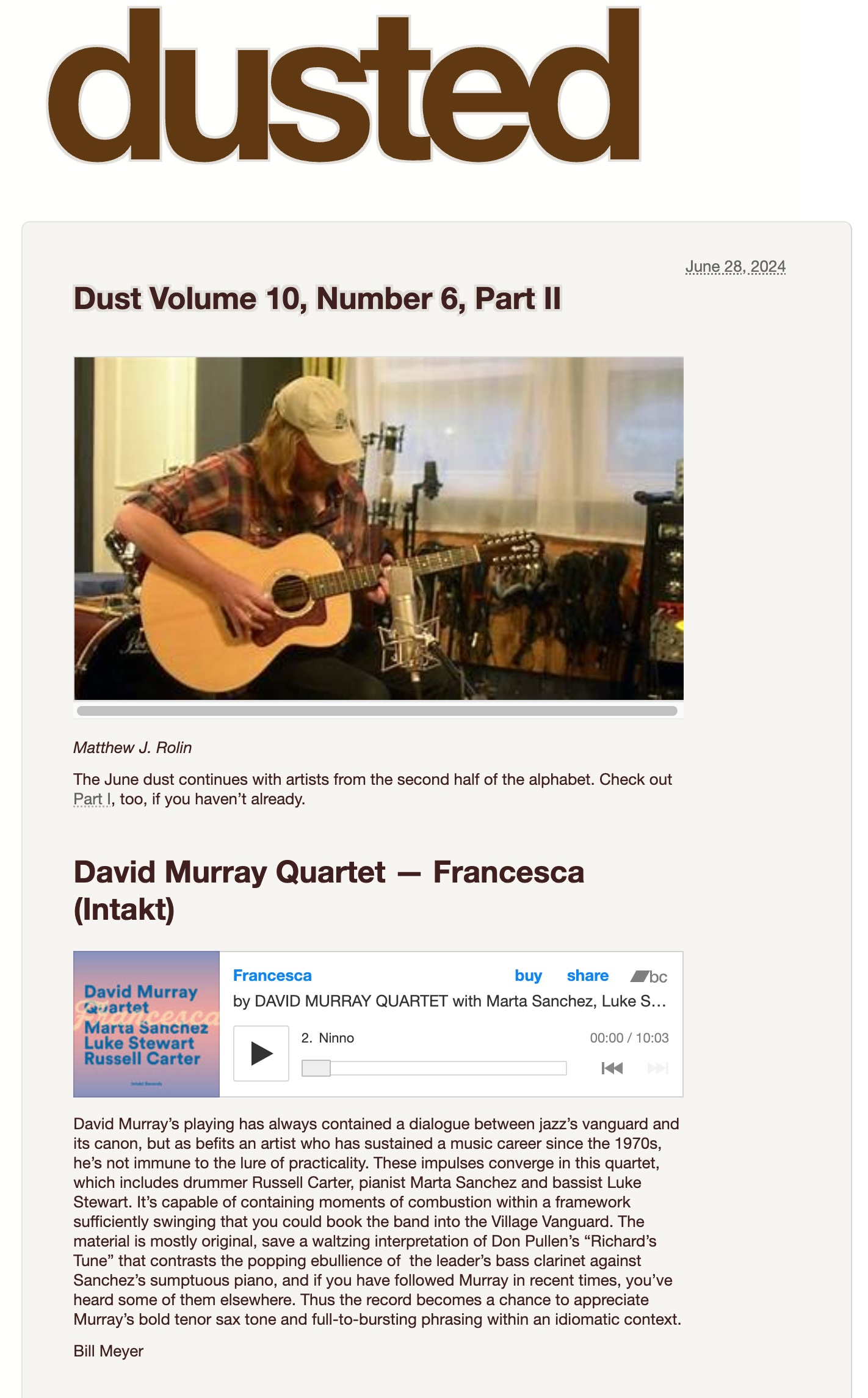 David Murray’s playing has always contained a dialogue between jazz’s vanguard and its canon, but as befits an artist who has sustained a music career since the 1970s, he’s not immune to the lure of practicality. These impulses converge in this quartet, which includes drummer Russell Carter, pianist Marta Sanchez and bassist Luke Stewart. It’s capable of containing moments of combustion within a framework sufficiently swinging that you could book the band into the Village Vanguard. The material is mostly original, save a waltzing interpretation of Don Pullen’s “Richard’s Tune” that contrasts the popping ebullience of  the leader’s bass clarinet against Sanchez’s sumptuous piano, and if you have followed Murray in recent times, you’ve heard some of them elsewhere. Thus the record becomes a chance to appreciate Murray’s bold tenor sax tone and full-to-bursting phrasing within an idiomatic context.