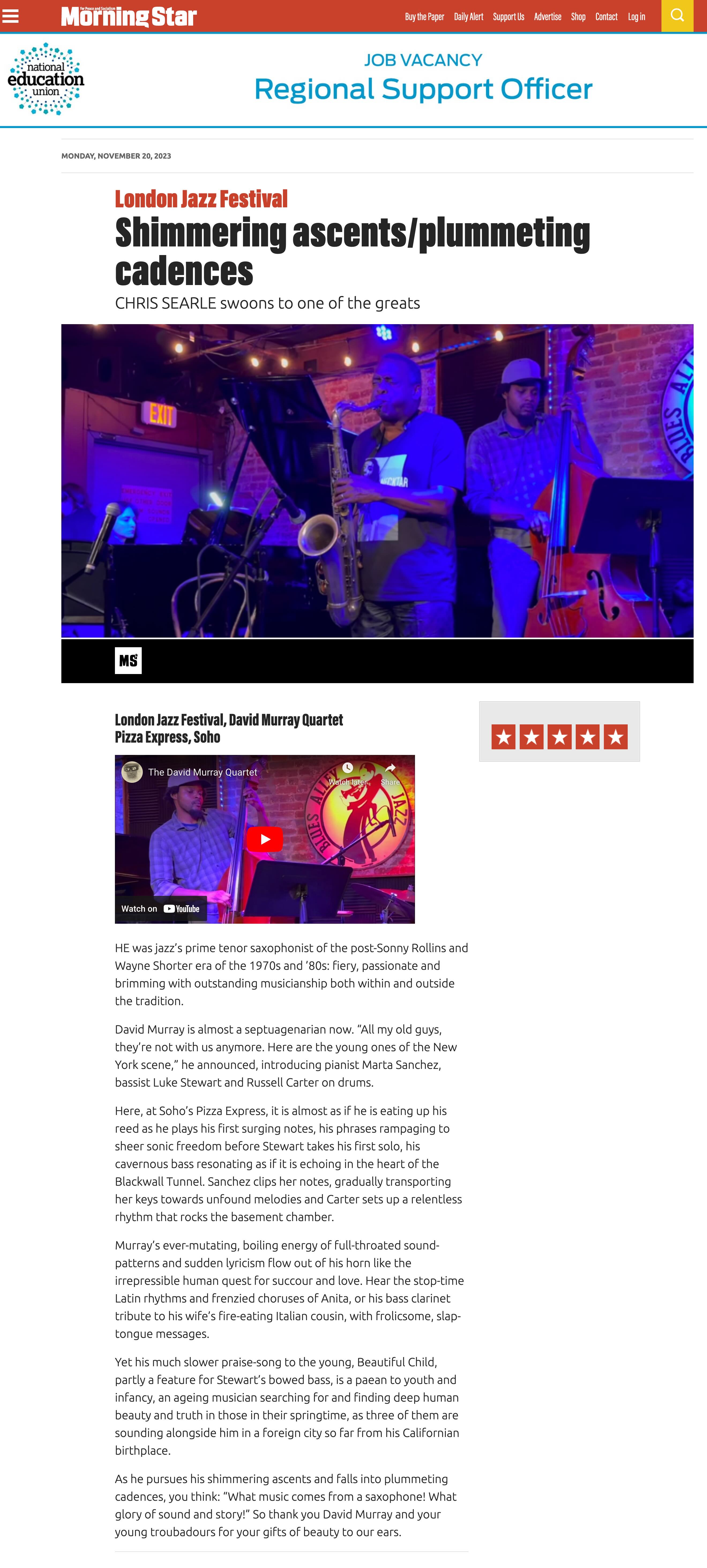 HE was jazz’s prime tenor saxophonist of the post-Sonny Rollins and Wayne Shorter era of the 1970s and ’80s: fiery, passionate and brimming with outstanding musicianship both within and outside the tradition.

						David Murray is almost a septuagenarian now. “All my old guys, they’re not with us anymore. Here are the young ones of the New York scene,” he announced, introducing pianist Marta Sanchez, bassist Luke Stewart and Russell Carter on drums.