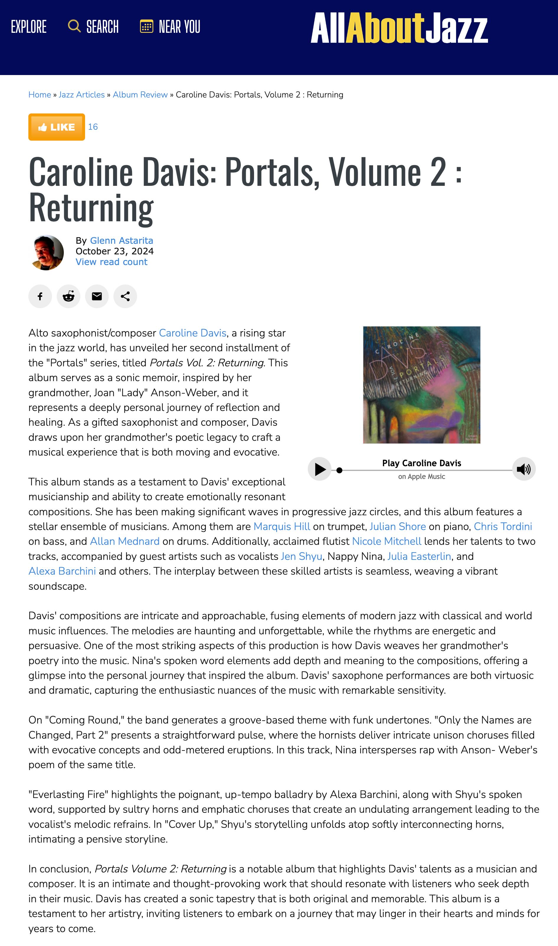 Alto saxophonist/composer Caroline Davis, a rising star in the jazz world, has unveiled her second installment of the Portals series, titled Portals Vol. 2: Returning.