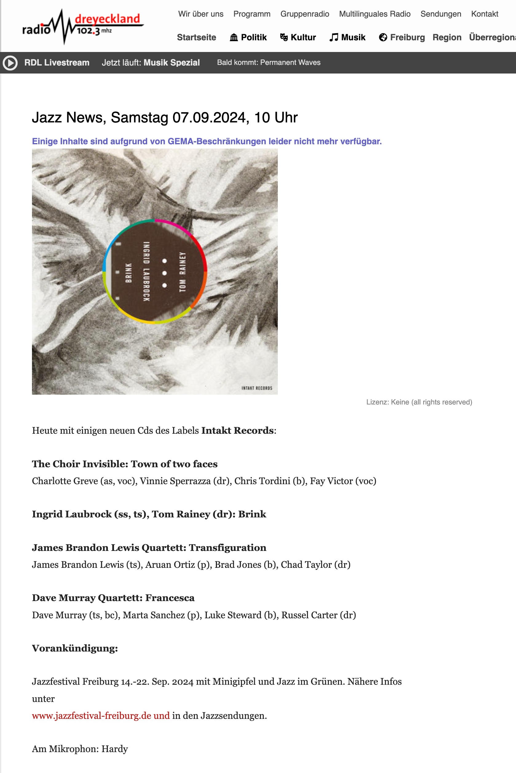 Dave Murray Quartett: Francesca
							Dave Murray (ts, bc), Marta Sanchez (p), Luke Steward (b), Russel Carter (dr)