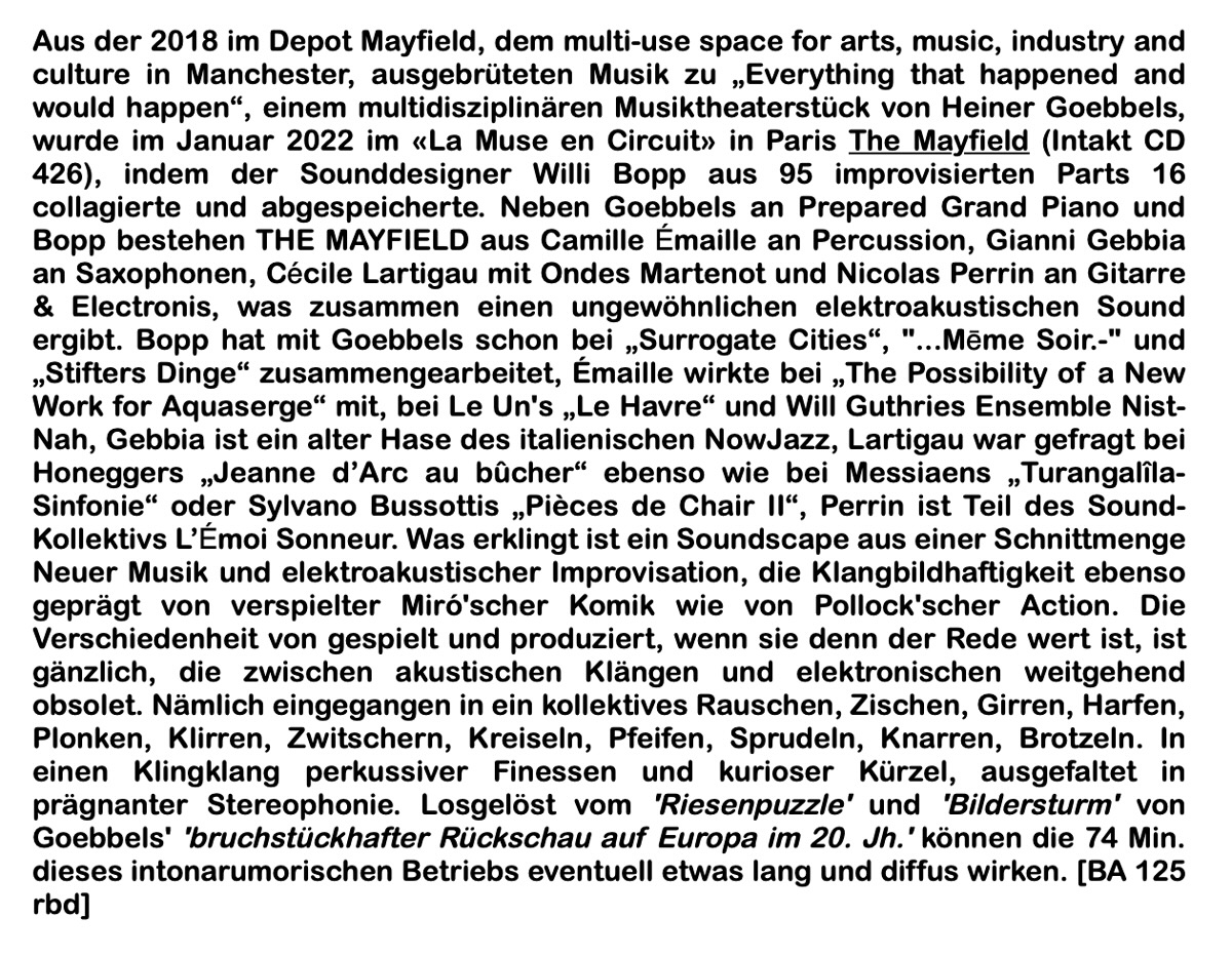 Aus der 2018 im Depot Mayfield, dem multi-use space for arts, music, industry and culture in Manchester, ausgebrüteten Musik zu 'Everything that happened and would happen'