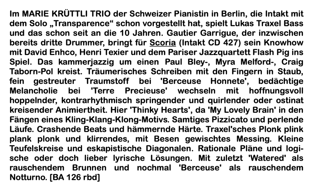 Im MARIE KRÜTTLI TRIO der Schweizer Pianistin in Berlin, die Intakt mit dem Solo „Transparence